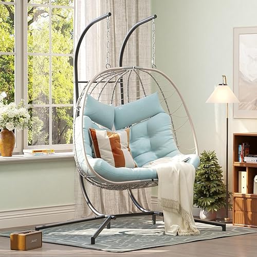 Miniatura 8 de Patiorama Silla columpio doble para 2 personas con soporte para interiores y exteriores, silla colgante de mimbre de mimbre con cojín, almohada,