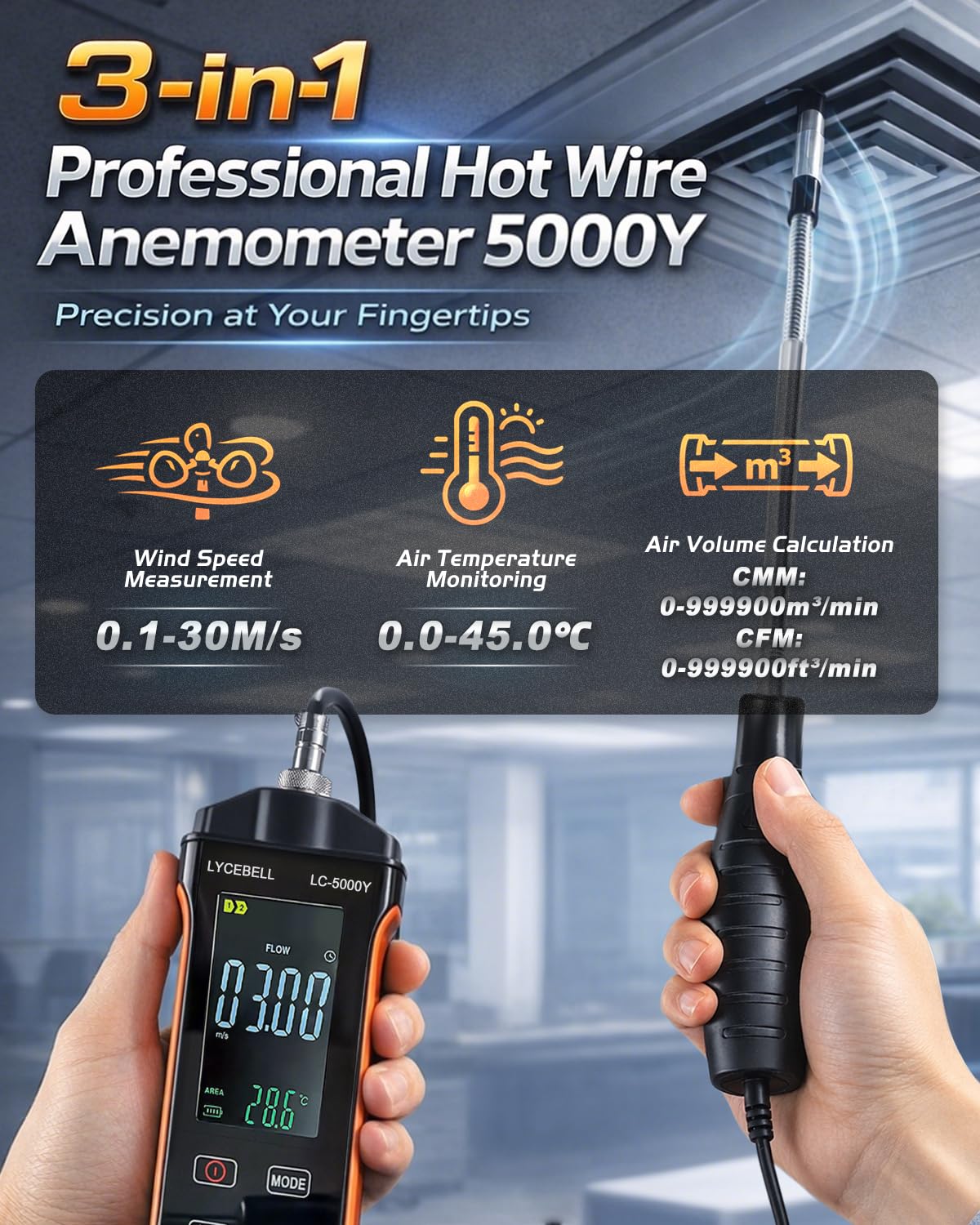 5000Y Hitzdraht-Anemometer Professionelles Windmesser Windmessgerät zur Messung von Luftgeschwindigkeit, Lufttemperatur und Volumenstrom (CFM/CMM) mit Thermischem Sensor für HVAC Industrie