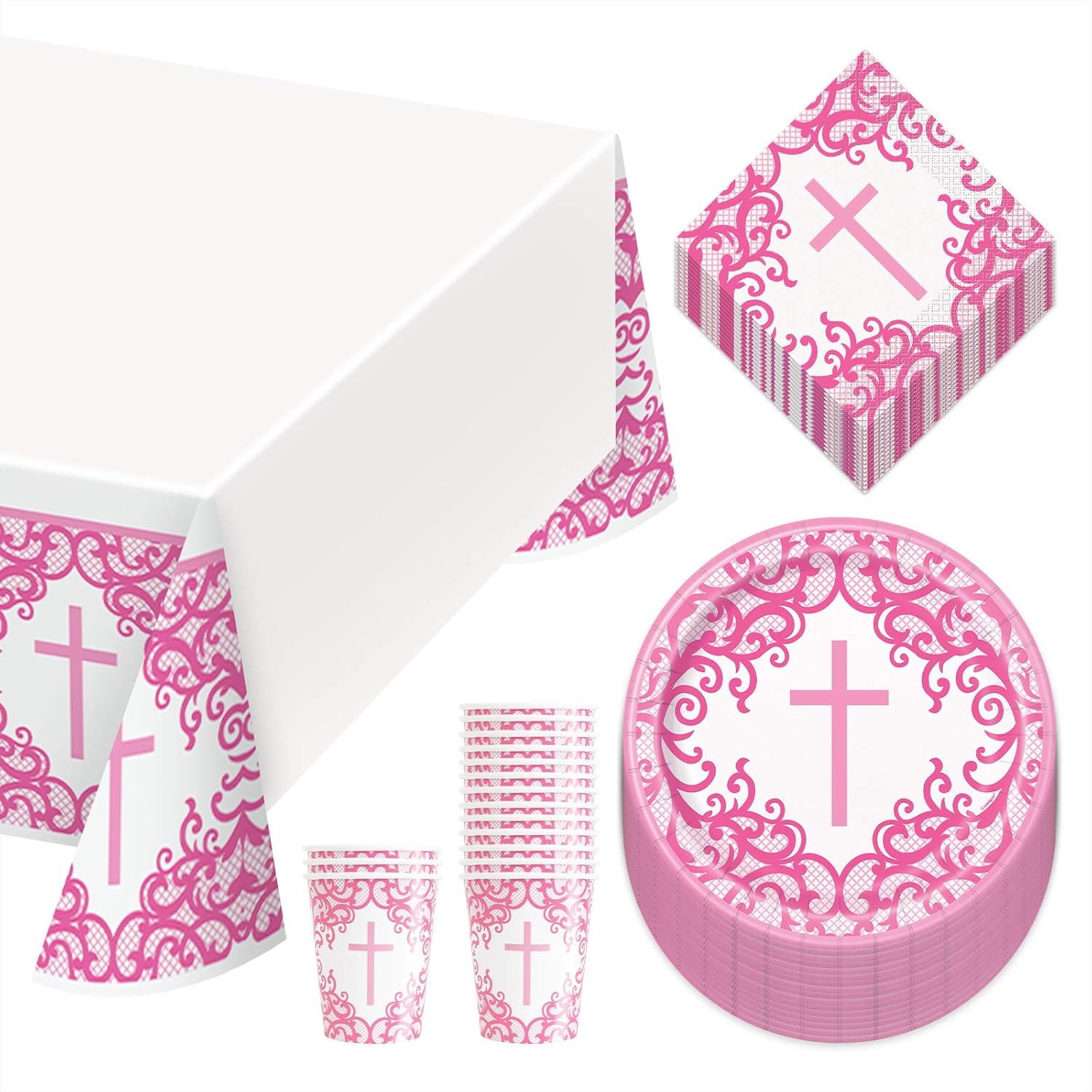 Fancy Pink Religious Cross Dinner Party Pack - Paper Plates, Luncheon Napkins, Cups, and Table Cover Set (Serves 16)