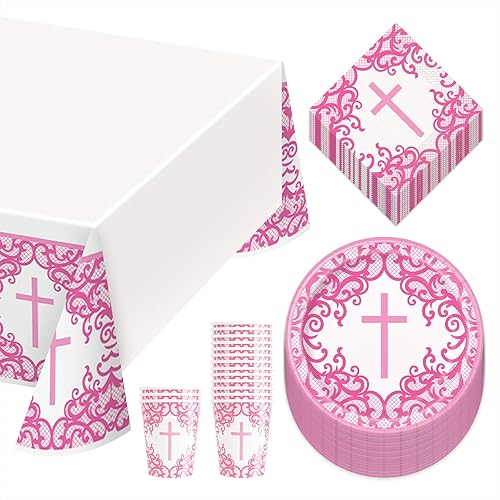 Fancy Pink - Paquete de cena con cruz religiosa, platos de papel, servilletas de almuerzo, tazas y cubierta de mesa (sirve para 16)