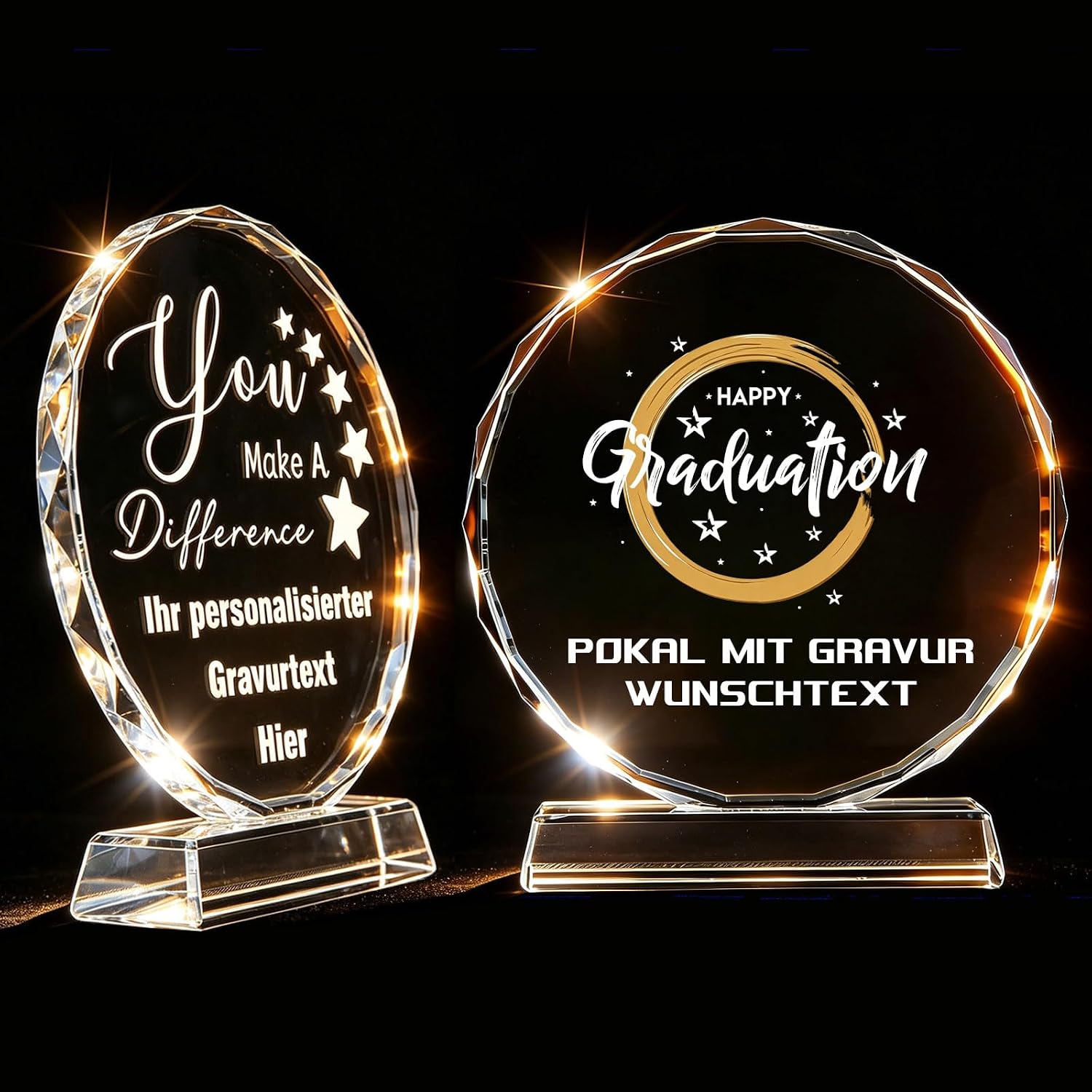 Trophy with engraving of your choice of text individual crystal trophy made of K9 glass personalised with photo logo complex motifs trophy for sports companies farewell gift colleagues