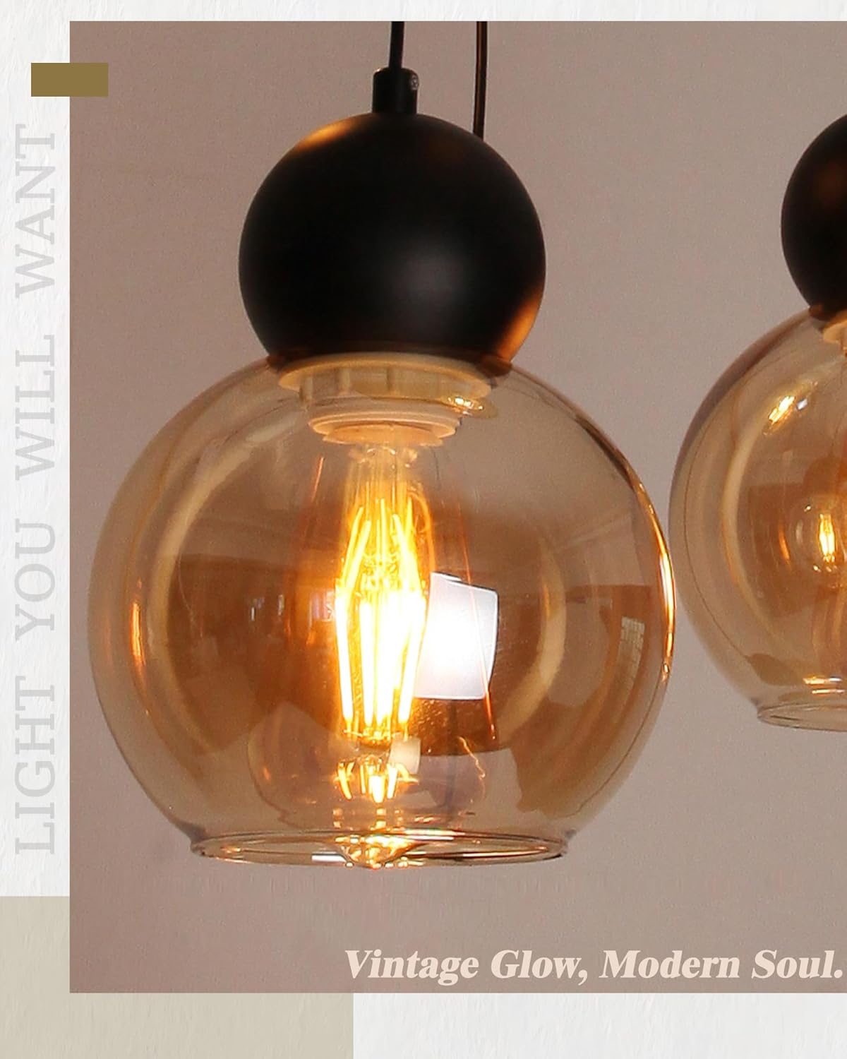 5-Light Chandelier Cluster Pendant Lights, Mid Century Modern Chandelier with Amber Glass Shade, Adjustable Hanging Cord Ceiling Light for Living Dining Room Foyer