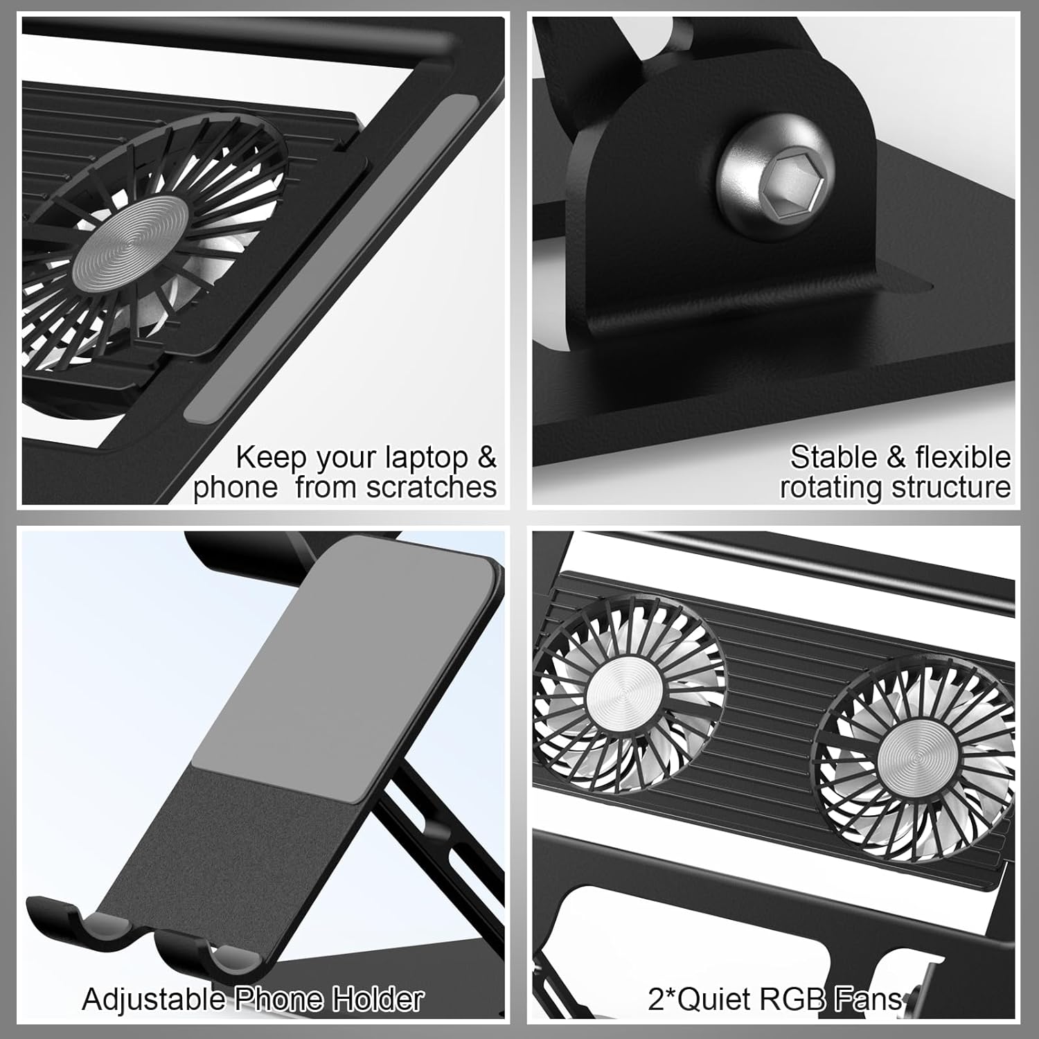 Laptop Cooling Stand with Detachable Fan,2-IN-1 Laptop Stand with Phone Holder and Silent Fans,Adjustable Height and Angle,Carbon Steel Framework,Laptop Cooling Pad for up to 16”Laptop (Black)