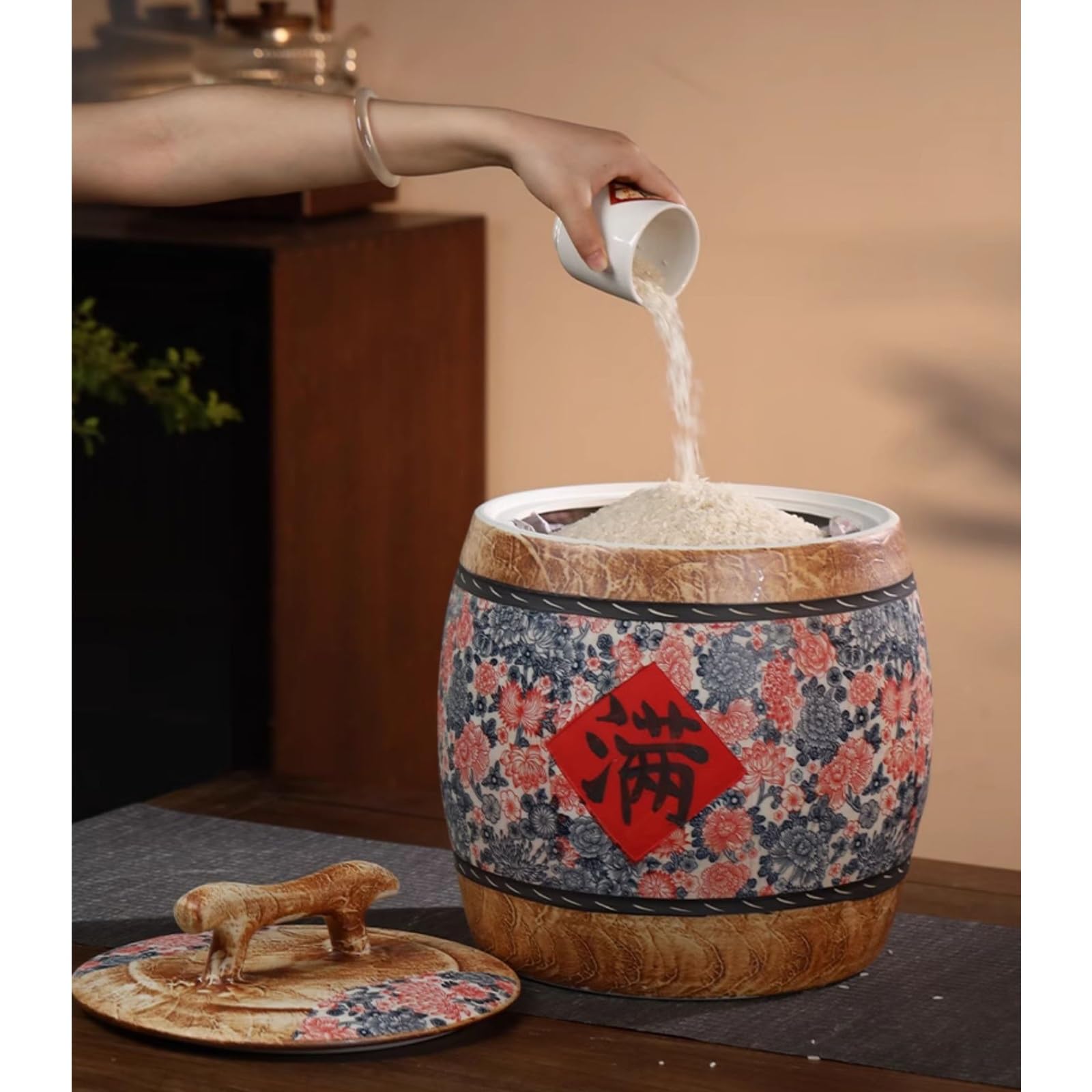 Contenitore In Ceramica Per Riso, Cilindro In Ceramica Per Riso Con Coperchio, Vasi Di Conservazione Alimentare In Stile Cinese, Distributori Di Cibo Classici, Secchio In Ceramica Per Riso(B,25KG)