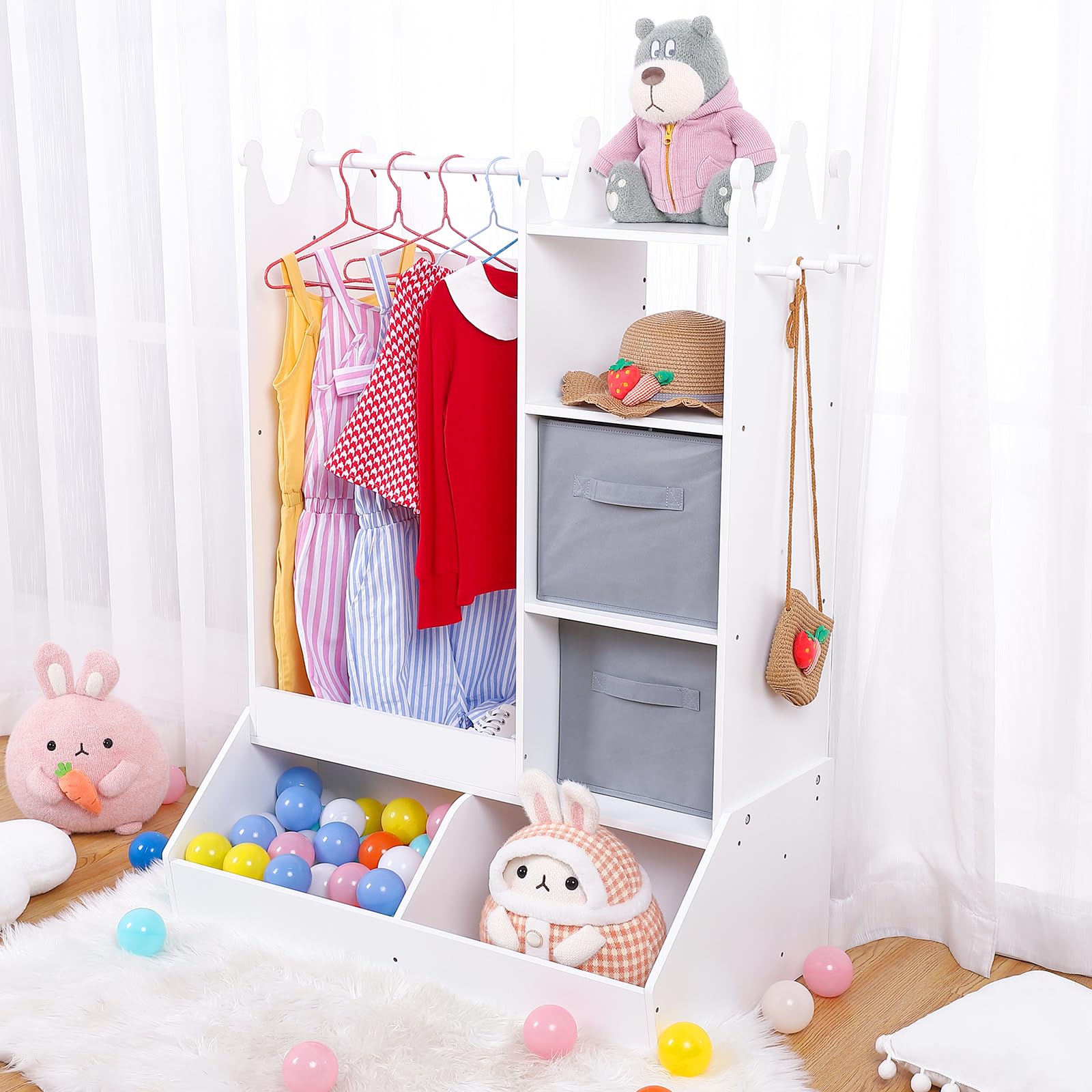 Mädchen Kinder-Kleiderschrank Dress-Up Garderobe aus Holz – Spiegel & Touch-Licht – offene Kleiderstange + Aufbewahrungsbox, fürs Kinderzimmer/Spielzimmer – Farbe: Pink | Farbe: pink