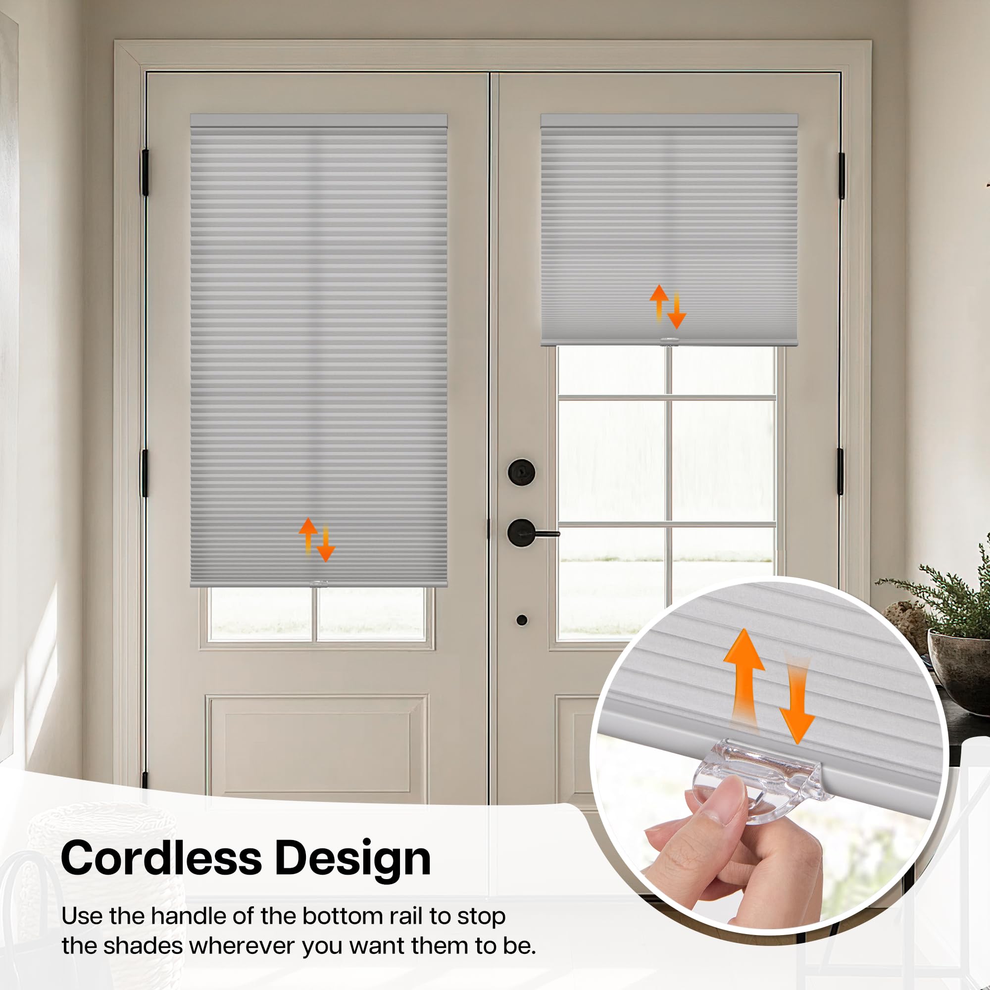 LazBlinds Paralume cellulare senza fili per porte francesi, senza trapano, per la privacy, filtranti la luce, paralumi a nido d'ape per porta d'ingresso, patio, porta scorrevole in vetro, 71,1 x 198,1