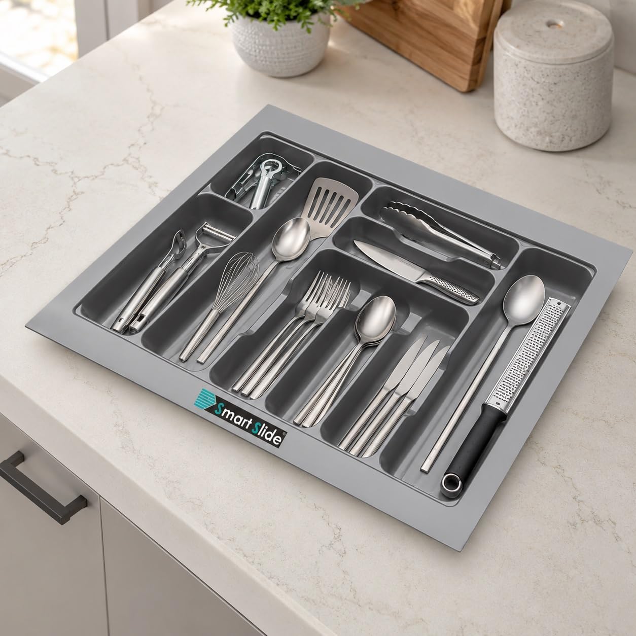 SmartSlide Cutlery tray for Kitchen Drawer/Silverware Flatware Storage Organizer/Cutlery Organizer Tray for Modular Kitchen Basket (28.7 X 18.7 INCH)