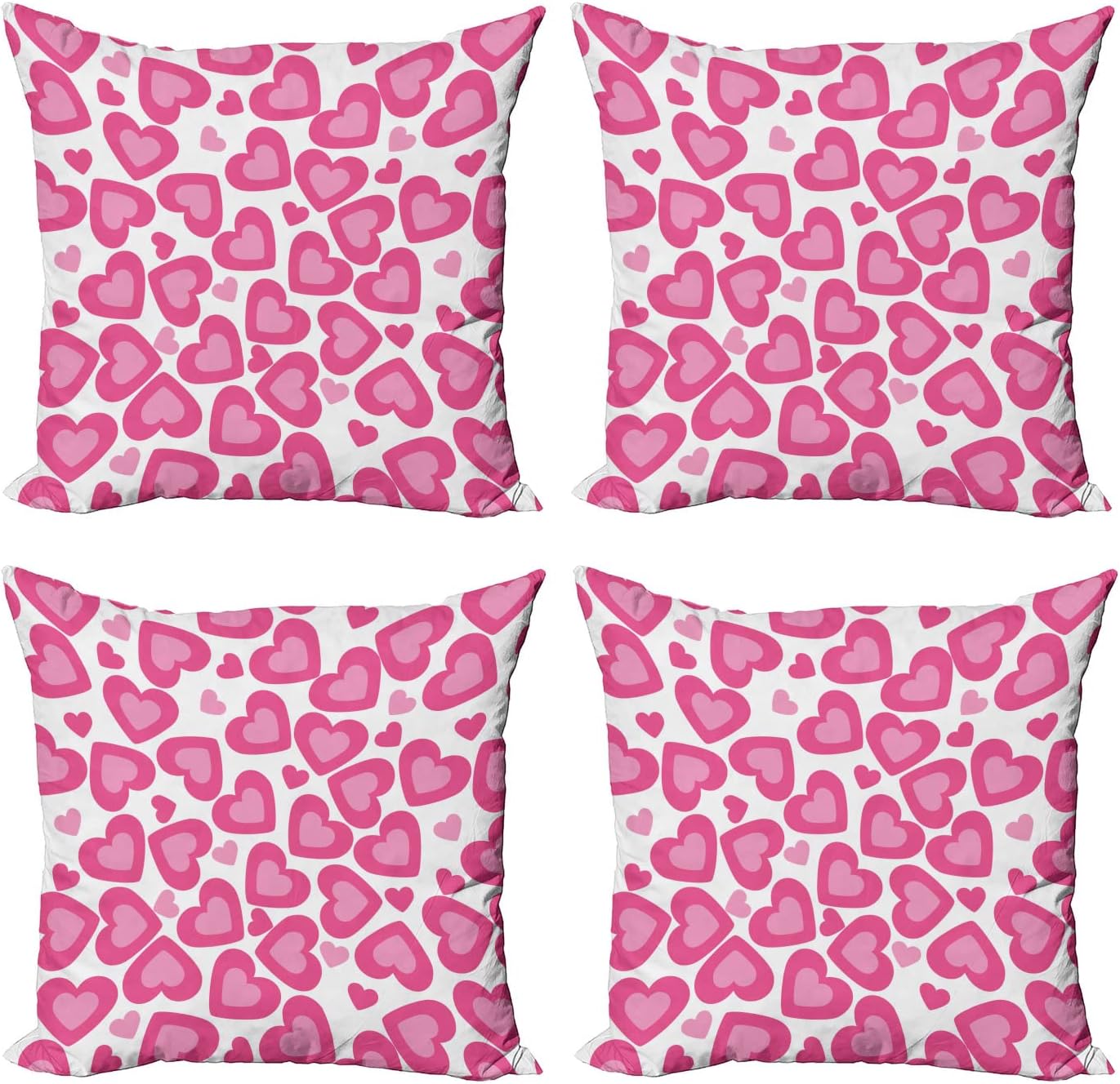 Lunarable Hearts Throw Pillow Cover Set of 4, Valentines Day Heart Pattern with Vibrant Colors and Numerous Sizes Love Adoration, Square Cushion Covers Decor for Bed Couch Sofa, 24"x24", Pink White