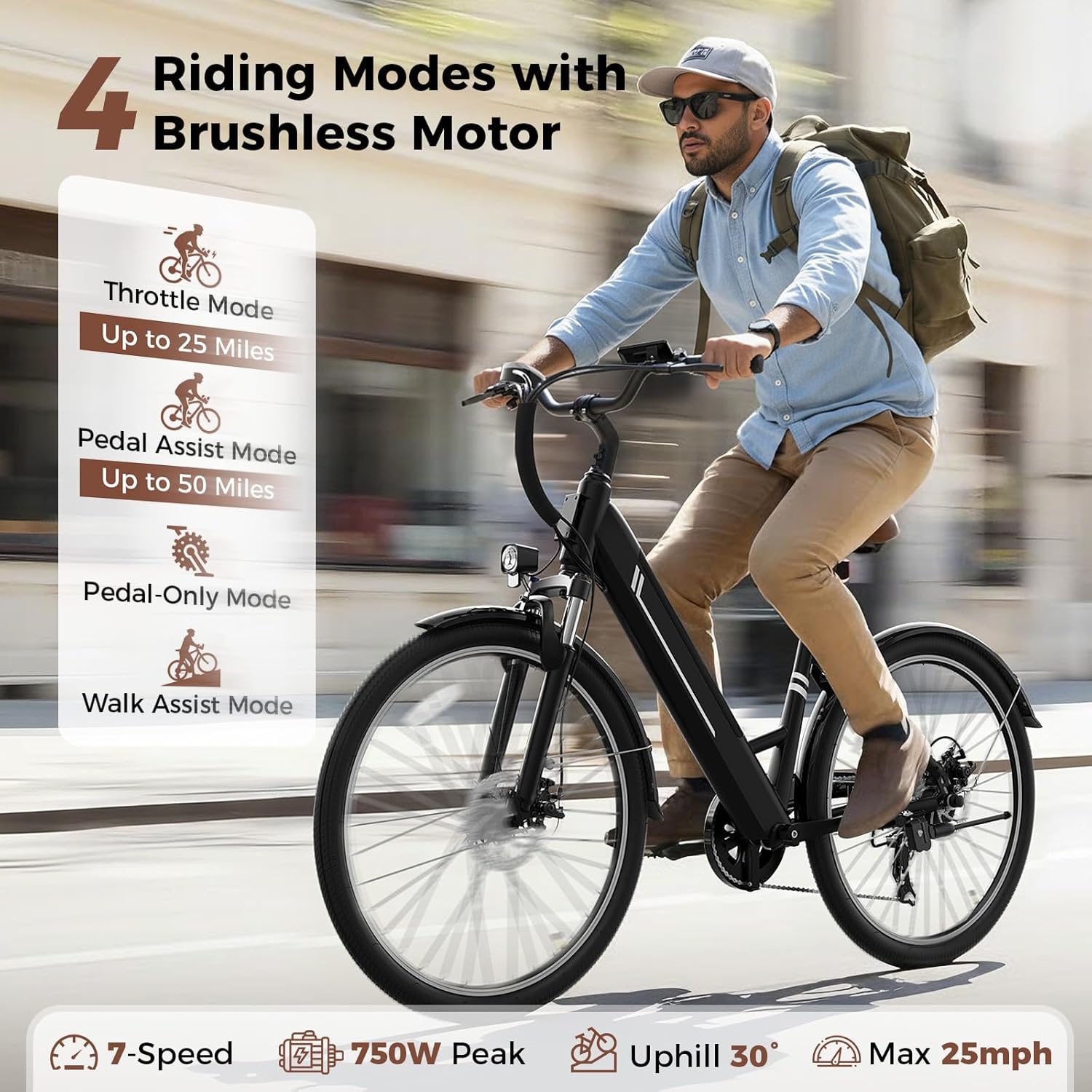 Jasion YC1 ST Electric Bike for Adults, Up to 23Mph, 750W Peak Motor Ebike, Range Up to 40Miles, 360WH Removable Battery, 26" E-Bike with 7 Speeds & Front Suspension for Commuting, Outdoor Leisure