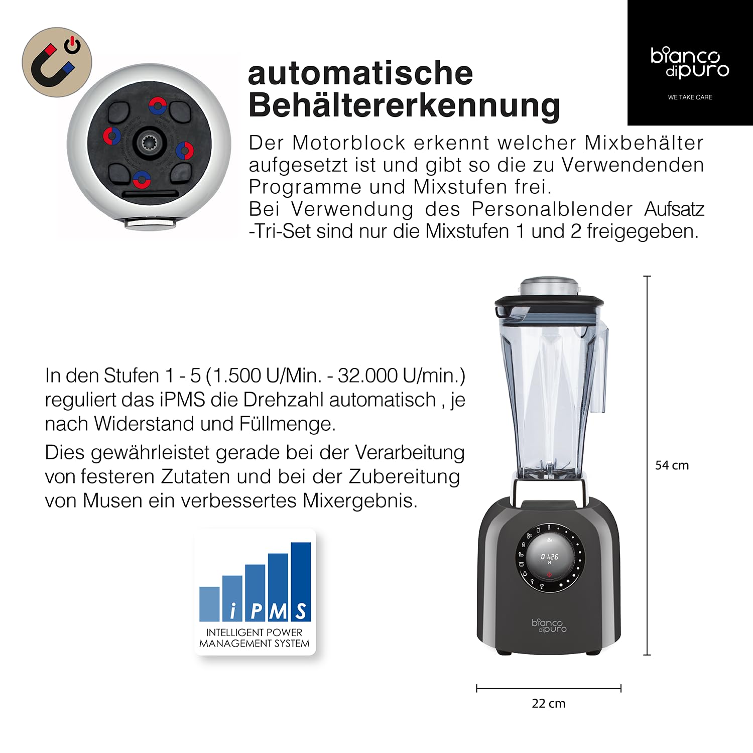 bianco di puro® Hochleistungsmixer Puro S Smoothie Maker 8 Mixprogramme 2 Liter Mixbehälter BPA-frei - Weiss