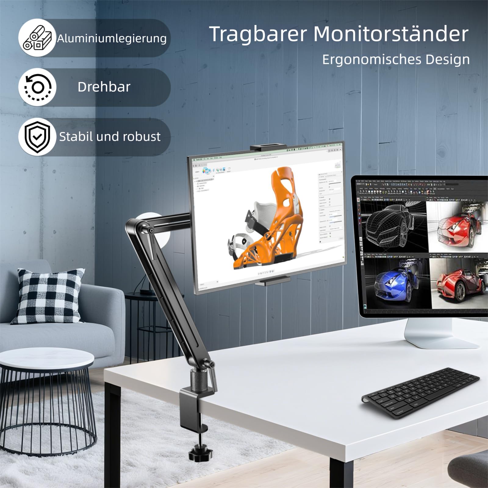 Aluminium Tablet Halterung mit Schwenkarm - 360° Drehbare Metallbasis, Flexibler Arm, Kompatibel mit iPad Air/Pro/Mini, Samsung Galaxy (15.6in)