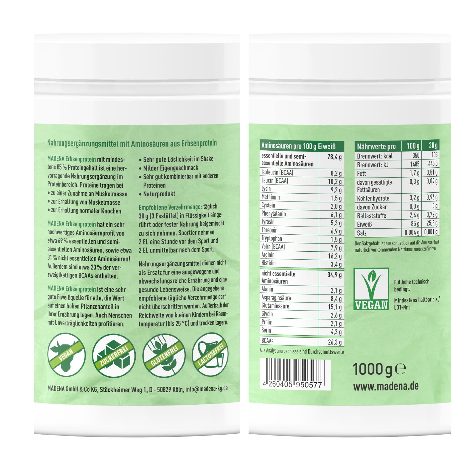 MADENA Erbsenprotein Pulver 1kg, veganes Protein mit 85% Proteingehalt, 100% Proteinisolat, extra mild und fein, glutenfrei laktosefrei
