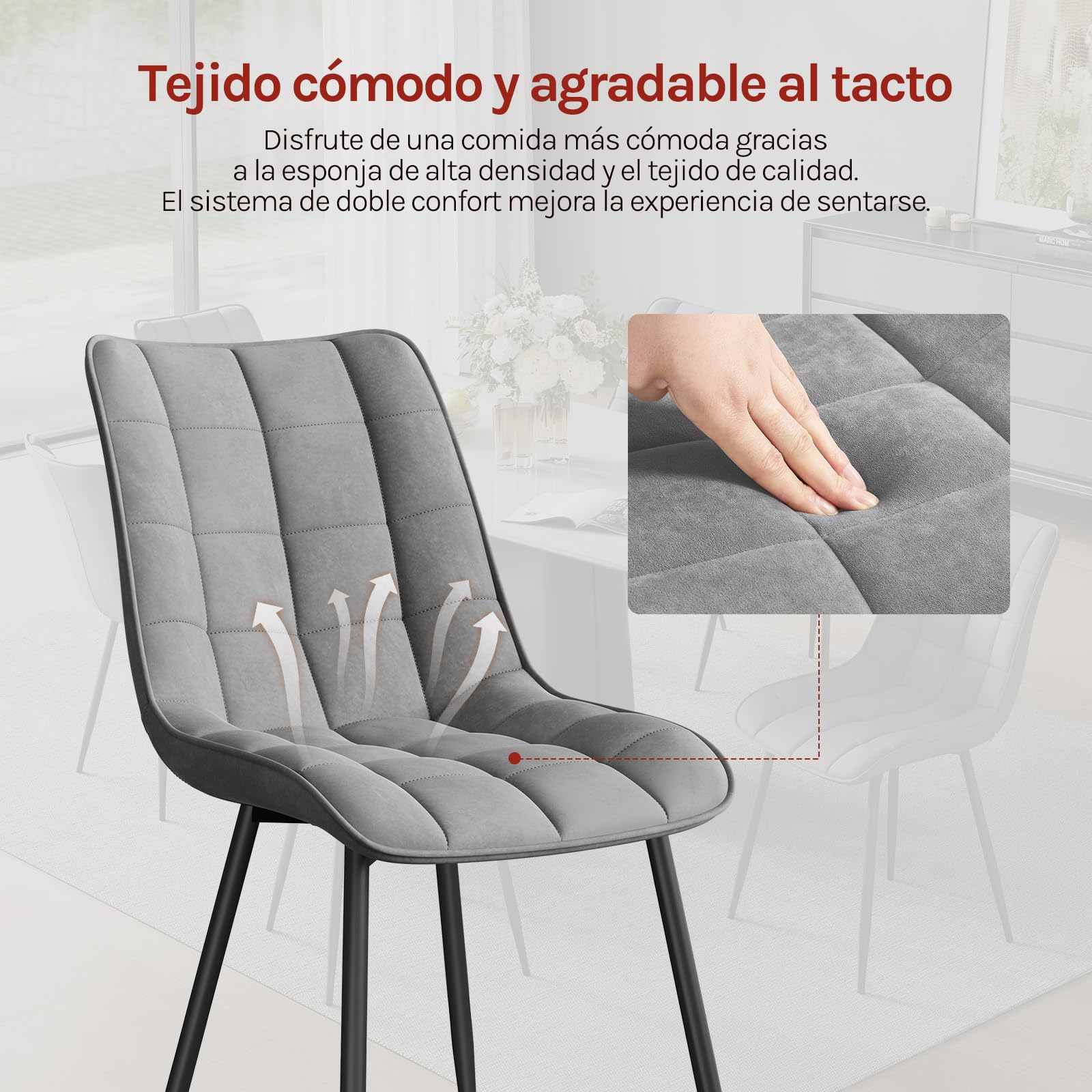 WOLTU Juego de 2 Sillas Comedor Cocina, Terciopelo Patas Metálicas, Carga 150kg, Asiento Antideslizante Cómodo, Uso Hogar Comedor Salón Dormitorio,Gris Claro