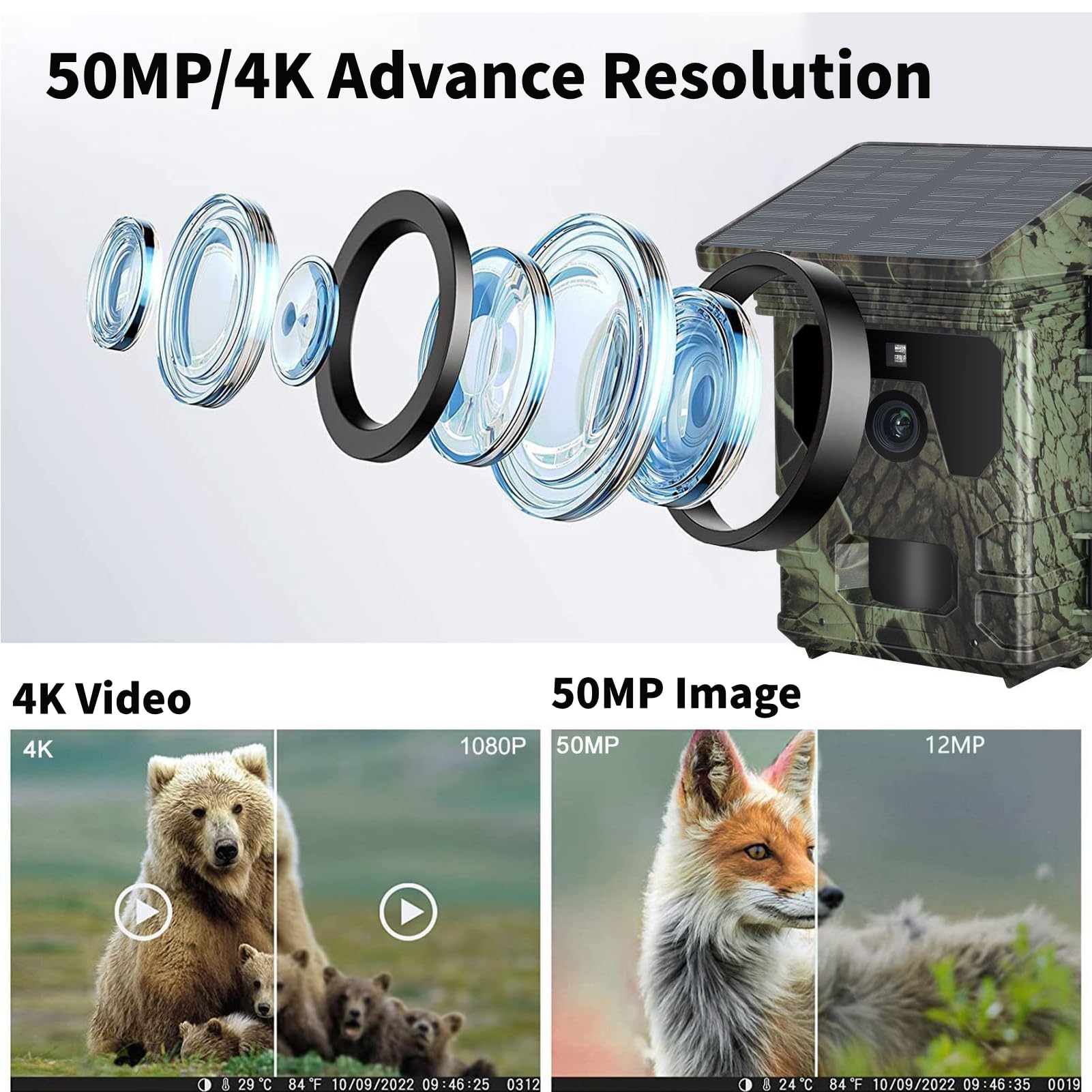 Diyeeni Caméra de Suivi WiFi 4K 50 MP Carte SD 256 Go, Caméra de Jeu avec Vision Nocturne, Déclencheur de Mouvement 0,05 S, étanche IP65, 30,5 M, LED Infrarouges sans Lueur pour la