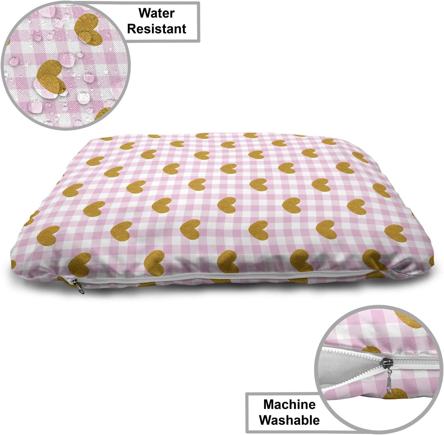 review Lunarable Checkered Pet Bed, Romantic Hearts on Tartan Simplistic Backdrop Childish Feminine, Chew Resistant Pad for Dogs and Cats Cushion with Removable Cover, 24