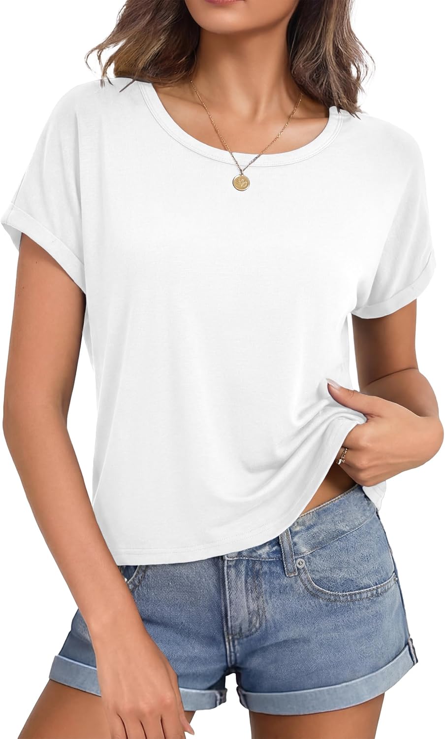 Totatuit Crop Tops for Women Roll Short Sleeve Crewneck Shirts Cropped Tshirts Summer Loose Fit Boxy Basic Tee