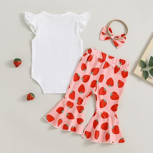 Miniatura 3 de Ropa de verano para bebé recién nacida, manga de mosca, con letras de fresa, mameluco con parte inferior acampanada, pantalones con diadema, traje