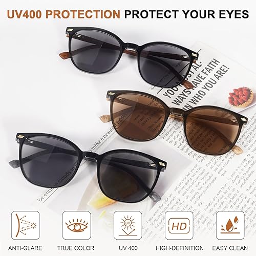 Miniatura 4 de LADEESSE Paquete de 3 lentes de sol de lectura para mujeres y hombres, lentes de sol UV400, lentes de sol con bisagra de resorte para exteriores, 100