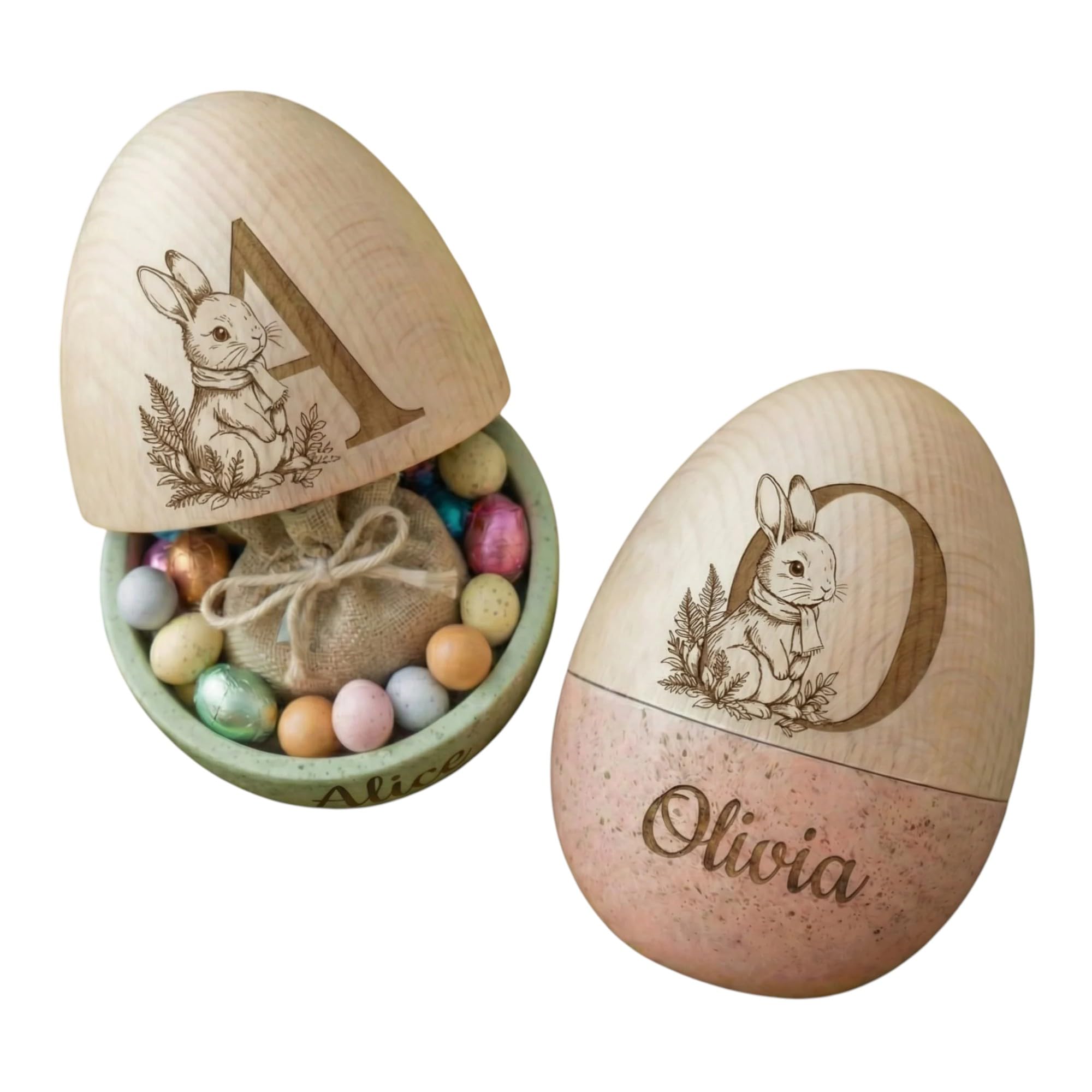 Personalized Bunny Floral Wooden Easter Egg with Name and Initial, Reusable Large Hollow Speckled Easter Keepsake, Basket Filler, Easter Gift for Kids — view 18