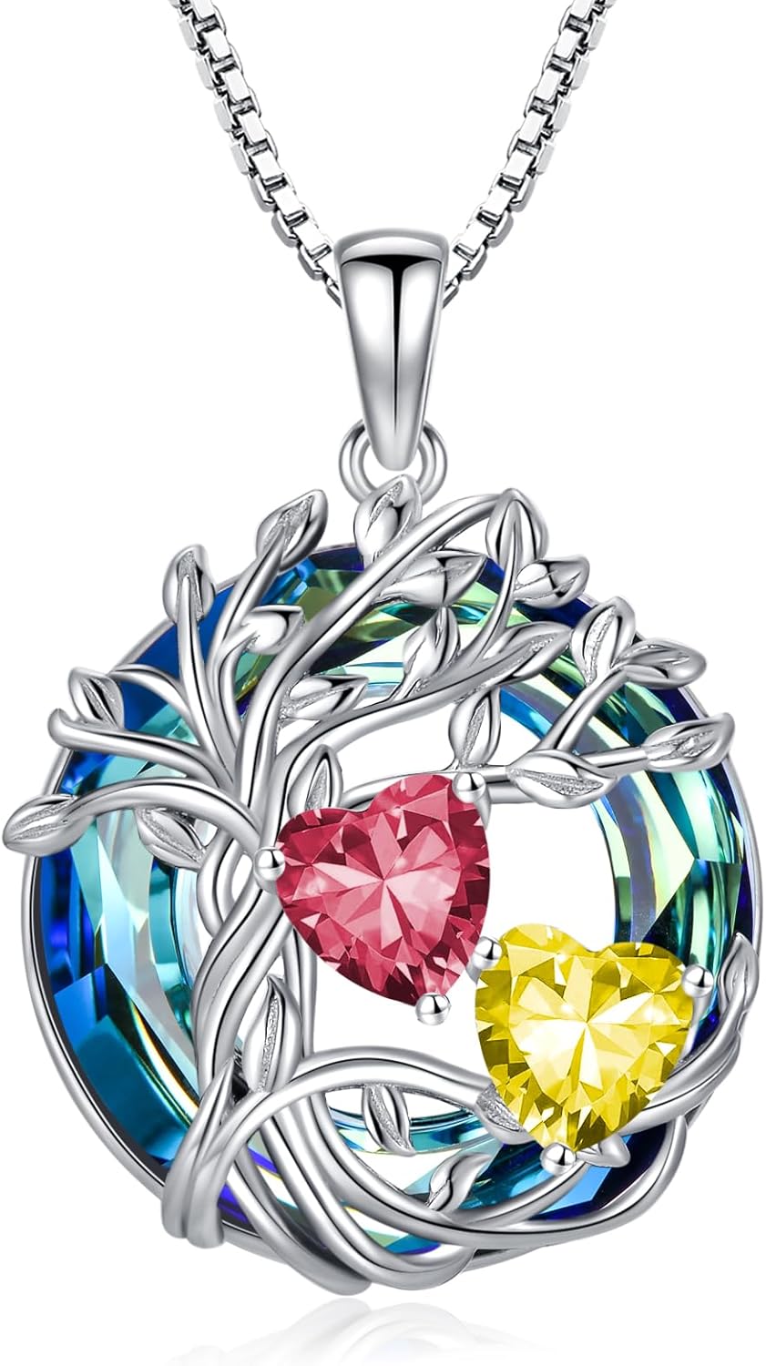 TOUPOP s925 Sterling Silver Family Celtic Tree of Life Pendant Necklaces with 2 Heart Birthstone with Blue Austrian Crystal Jewelry Birthday Valentines Day Gifts for Her, Anniversary Christmas Gifts for Wife Girlfriend Mom (18K Real White Gold Filled)