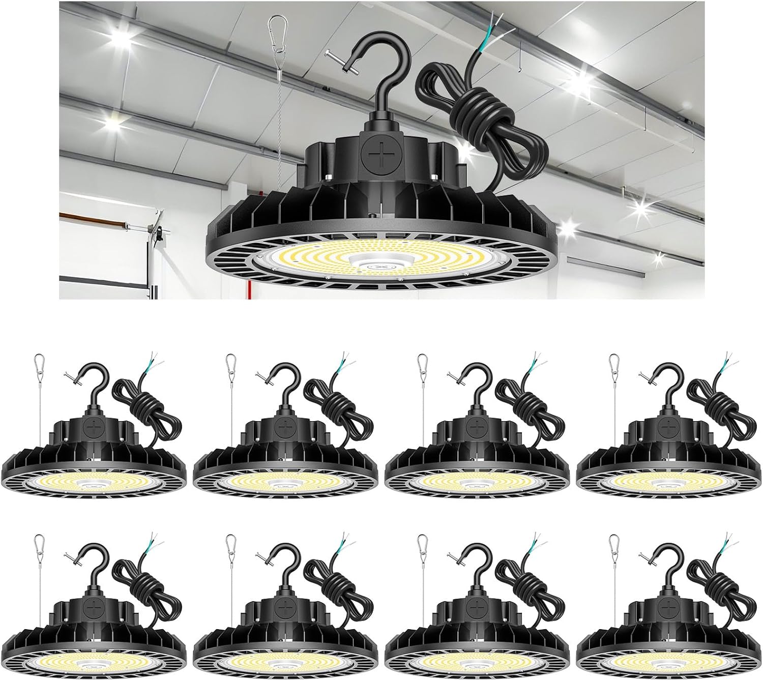 9 Pack 480V UFO-LED-High-Bay-Light 240W/200W/150W Adjustable, UL & DLC Listed 5000K 33600lm 0-10V Dimmable IP65 Waterproof Commercial Bay Lighting Fixture AC277-480V for Warehouse