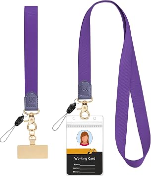 Lanyard Set with ID Badge Holder,Cute Leather Keychain Wristlet Cell Phone Strap for Women,Teacher Neck Lanyard for Keys Wallet,with Key Ring,Metal Phone Tether Tab Purple