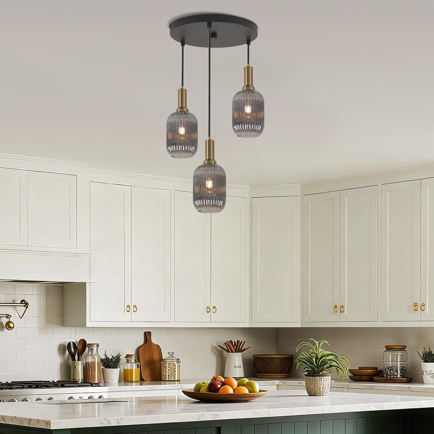 FRIXCHUR 3-Light Pendant, Mid Century Style Glass Shades with E26 Sockets, Adjustable Retro Pendant Light with Gold Accents, Ideal for Kitchen Islands and Living Rooms (Smoky Grey)