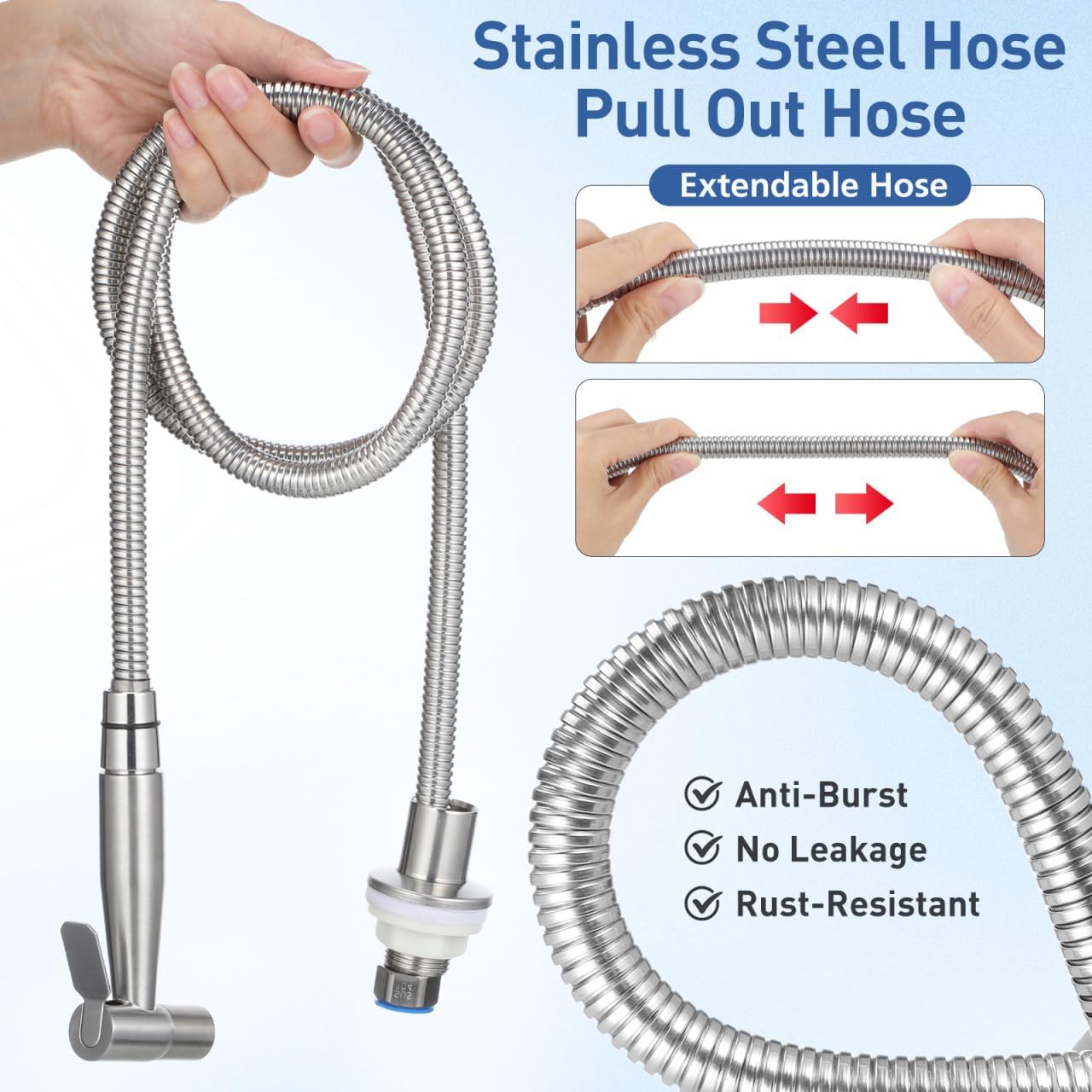 Stainless Steel Kitchen Sink Sprayer Replacement, Pull Out Spray Head with 1.5M Hose, Interface diameter 1/2 inch, Universal Faucet Attachment for Home Use, Silver