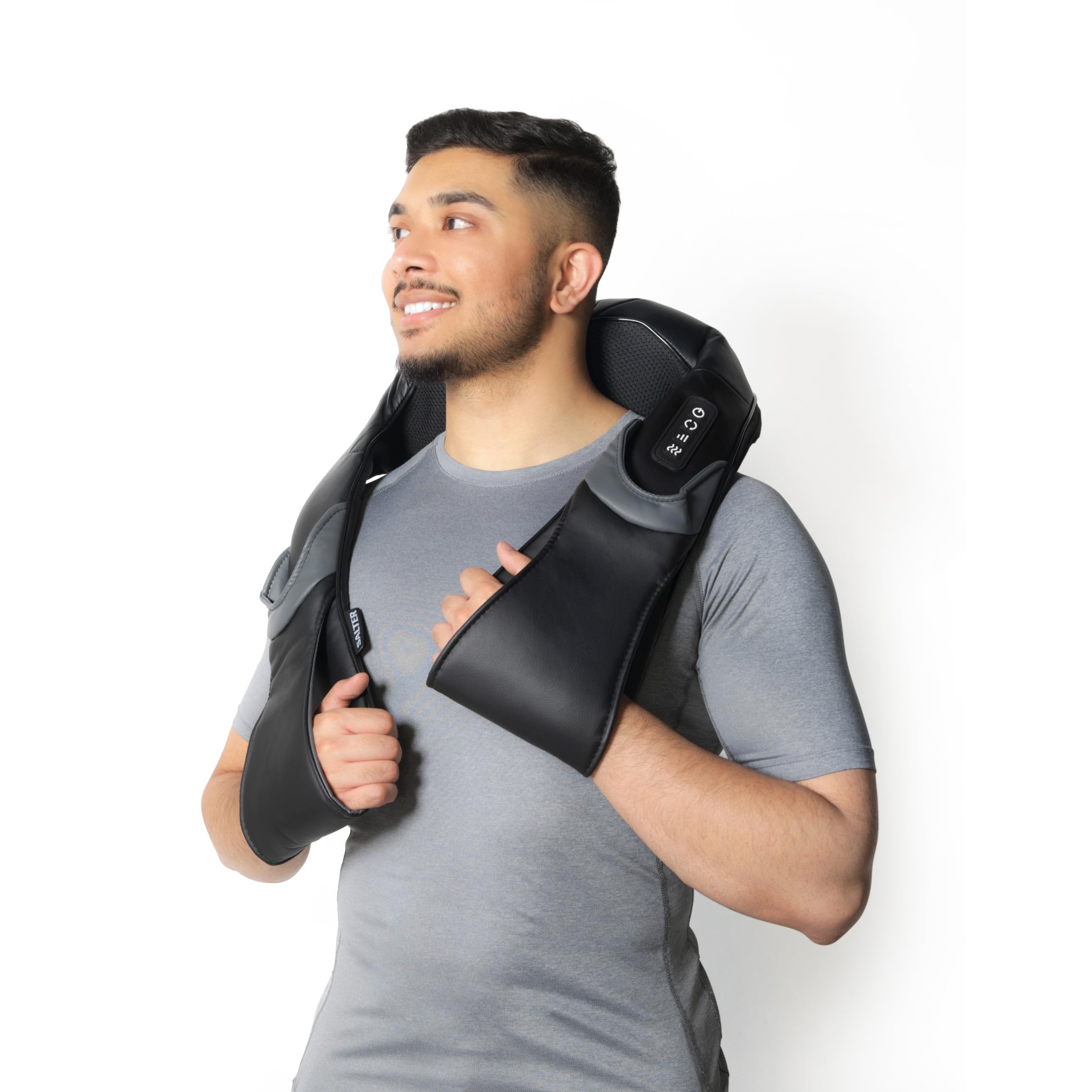Salter EE6934BLKSTKEU7 Masazer do karku i pleców z funkcja grzania, gleboki masaz Shiatsu, 3 predkosci/intensywnosci, 4 glowice masujace, rozluznienie miesni karku, szyi, ramion, adaptery EU i UK