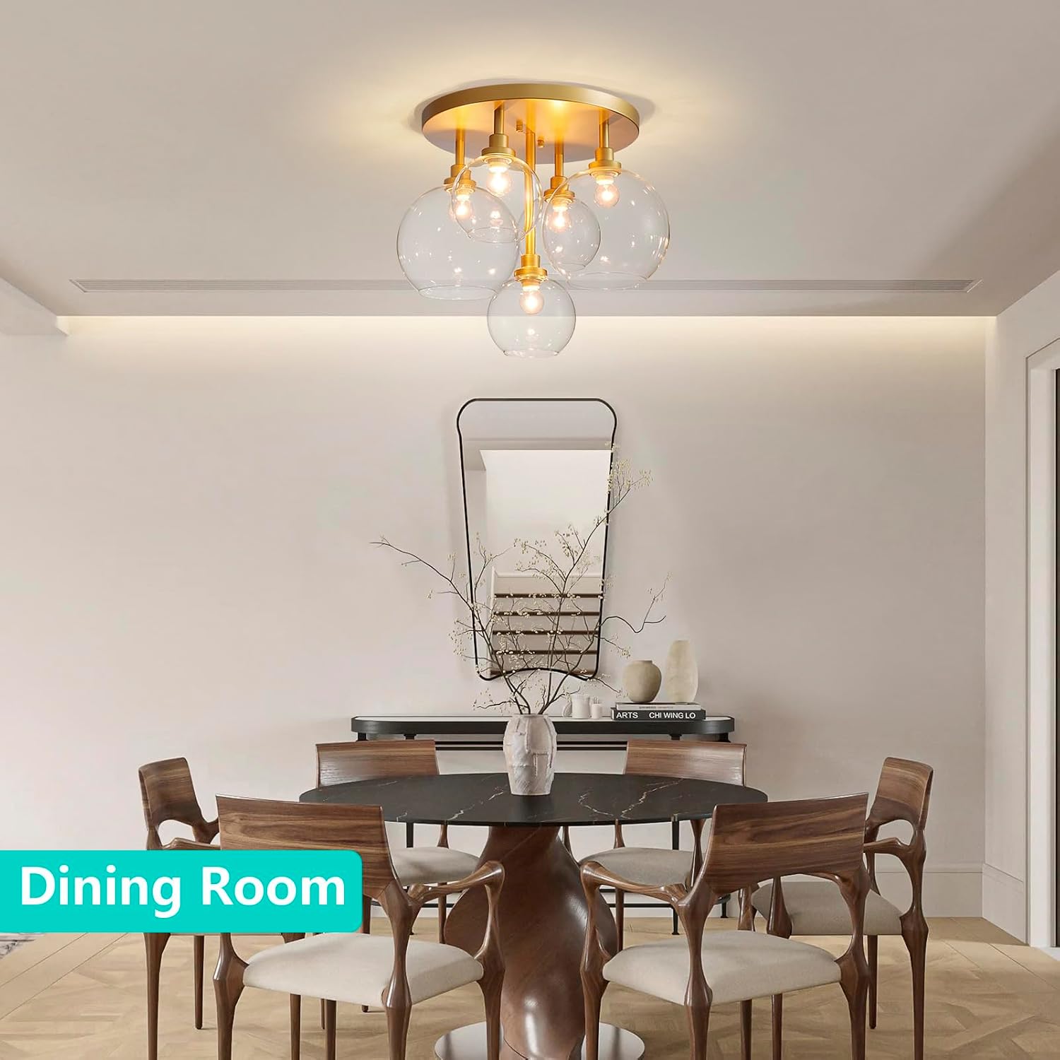 D18 inch Glass Bubble Gold Chandeliers, 5-Light Modern Design Flushmount Ceiling Light for Dining Room, Living Room, Bedroom, D17.7 *H15 inche, Clear Glass Ball with Gold Finish