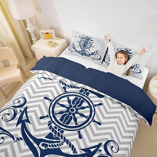 Miniatura 28 de Erosebridal Funda de edredón de ancla náutica, juego de ropa de cama con brújula oceánica, tamaño individual para niños, adolescentes, adultos,