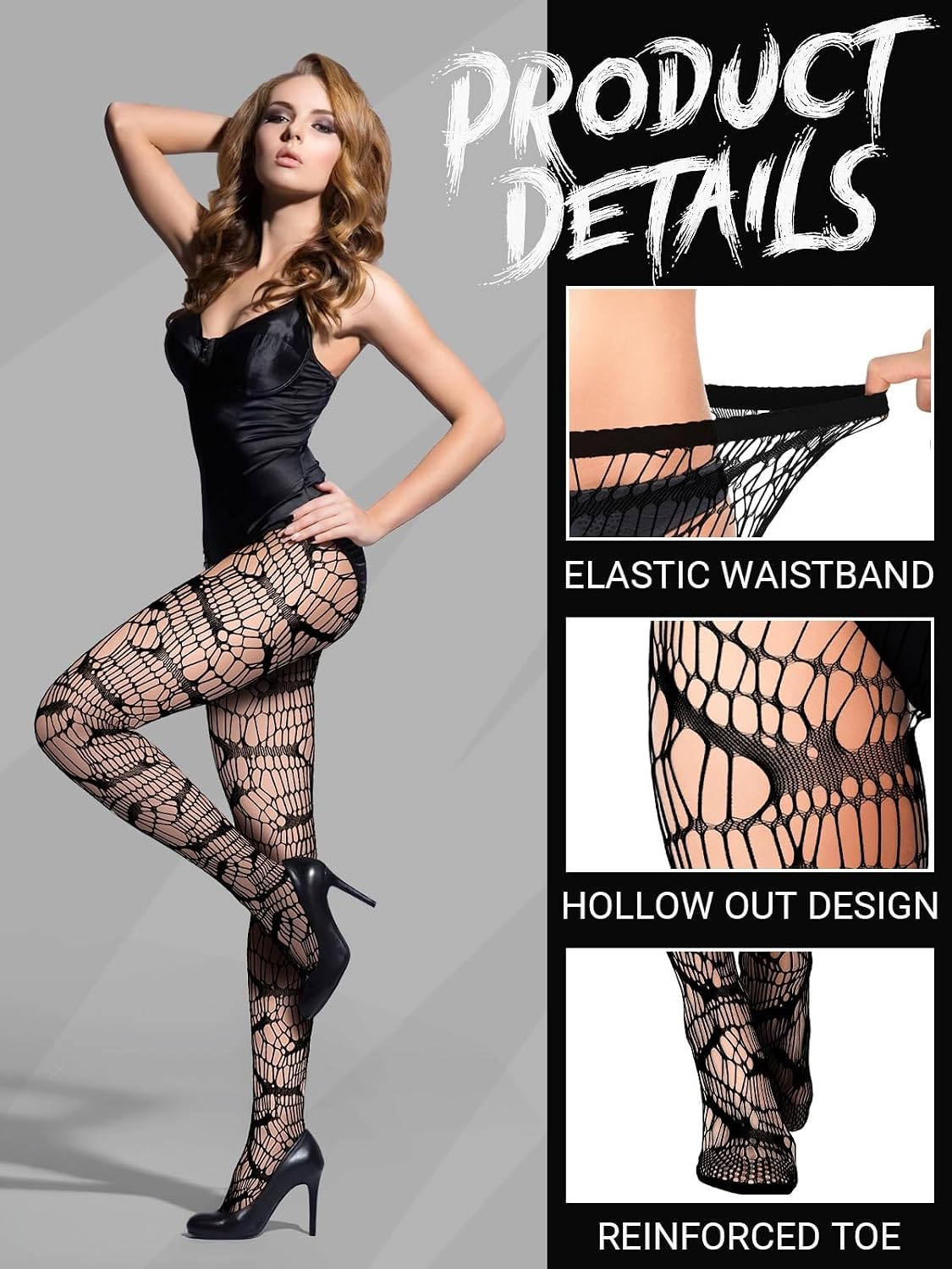 4 Pairs Black Fishnet Stocking, Black Skull Spider Web Star Bat Tights Legging Pantyhose for Women Halloween image 3