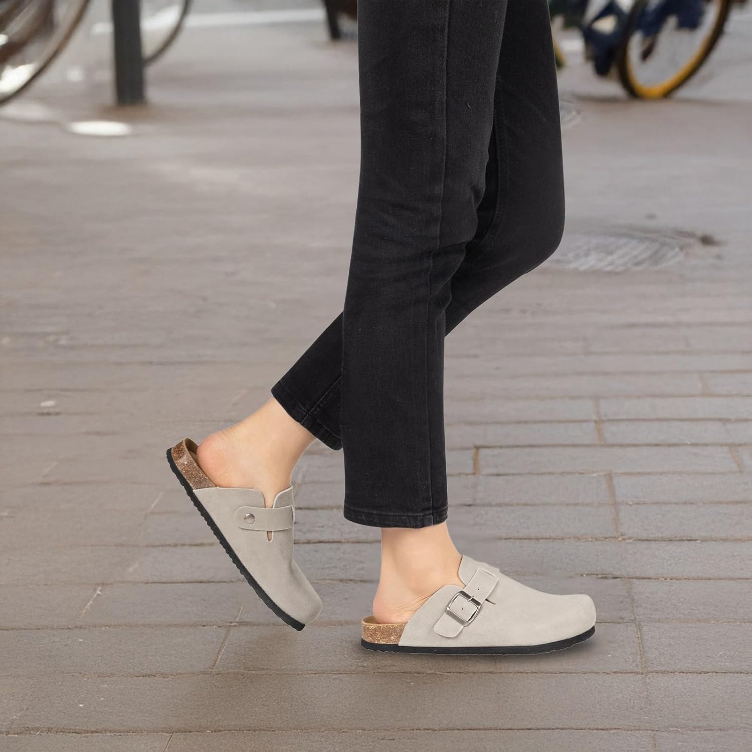 Women's Suede Clogs Slip-On Buckle Slides Leather Mules Cork Footbed Sandals Potato Shoes with Arch Support - Image 3