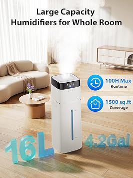 Uthfy 16L/4.2Gal Humidifiers Large Room 1500ft2, 100H Runtime Air Humidifiers for Bedroom with 4 Modes, Humidity Setting, Child Lock, 12H Timer, Remote, Top Fill Design