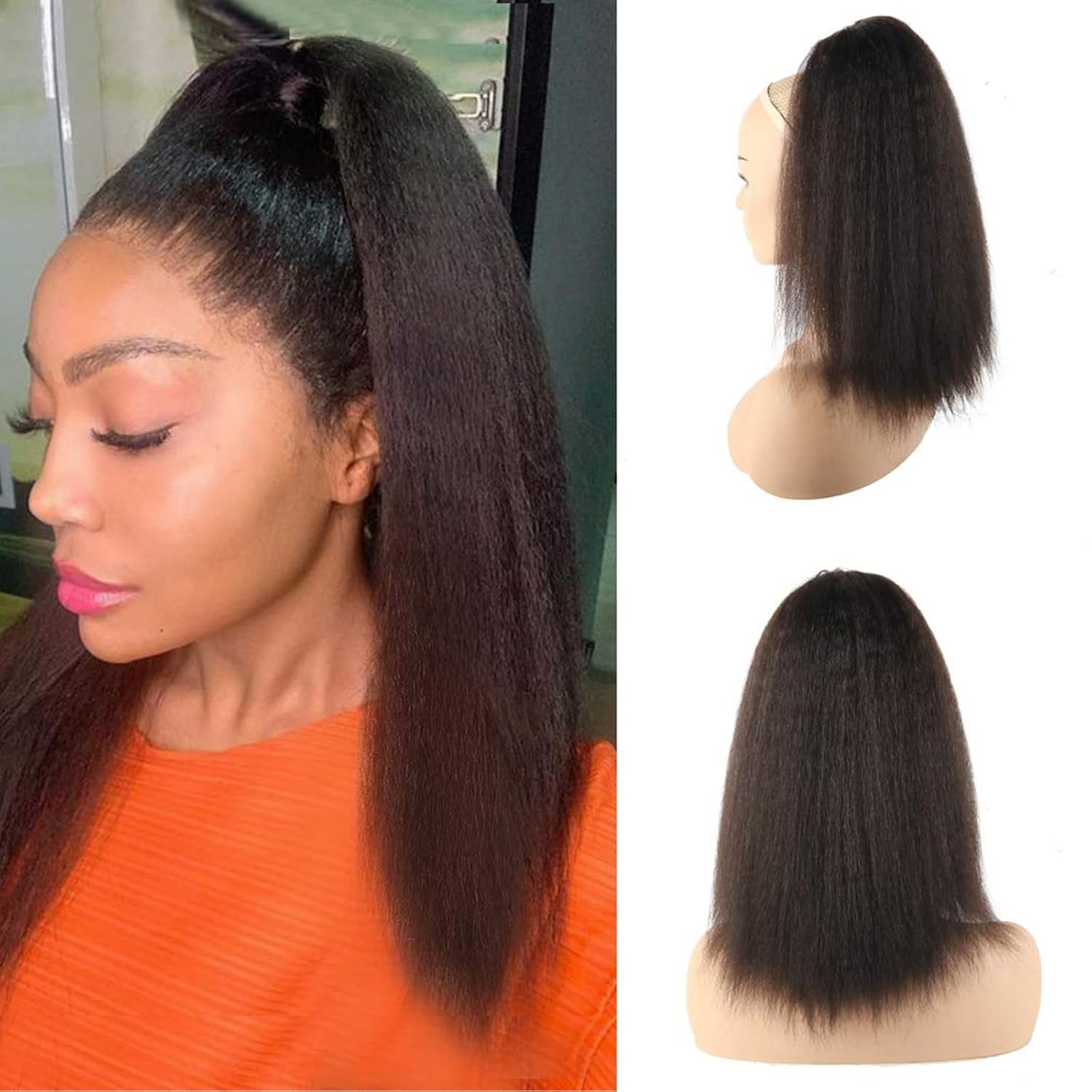 LEOSA Kinky Ponytail Extension Drawstring Ponytail for Black Women Short Natural Black Yaki Straight Drawstring Ponytail Hair Extensions (14 Inch, 2#)