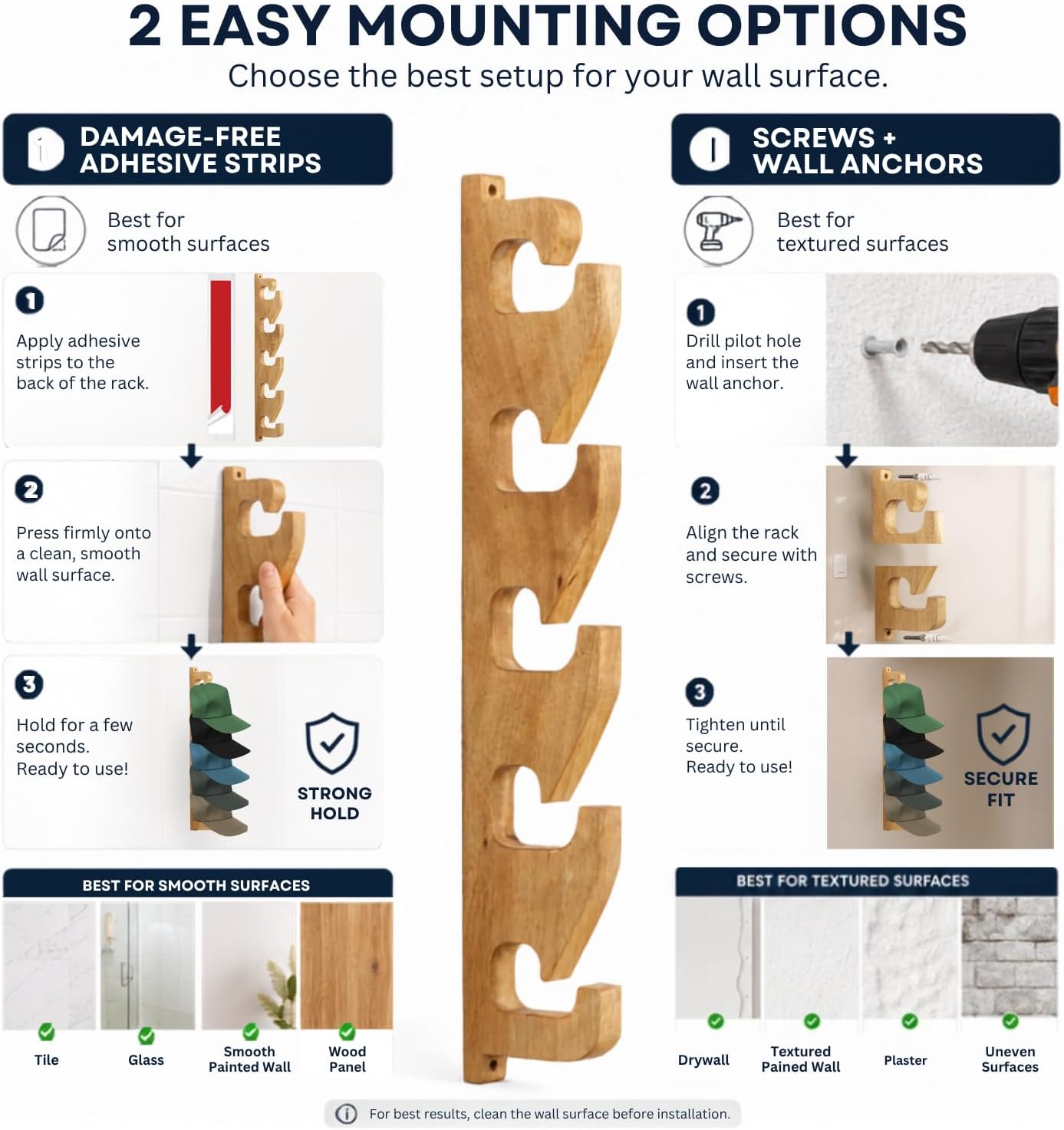 2 Pack Acacia Wood Hat Organizer for Wall - Vertical Baseball Cap Display Rack with Adhesive & Screw Mount, Space Saving Closet Hat Storage & Wall Mounted Hat Hanger for Baseball Caps