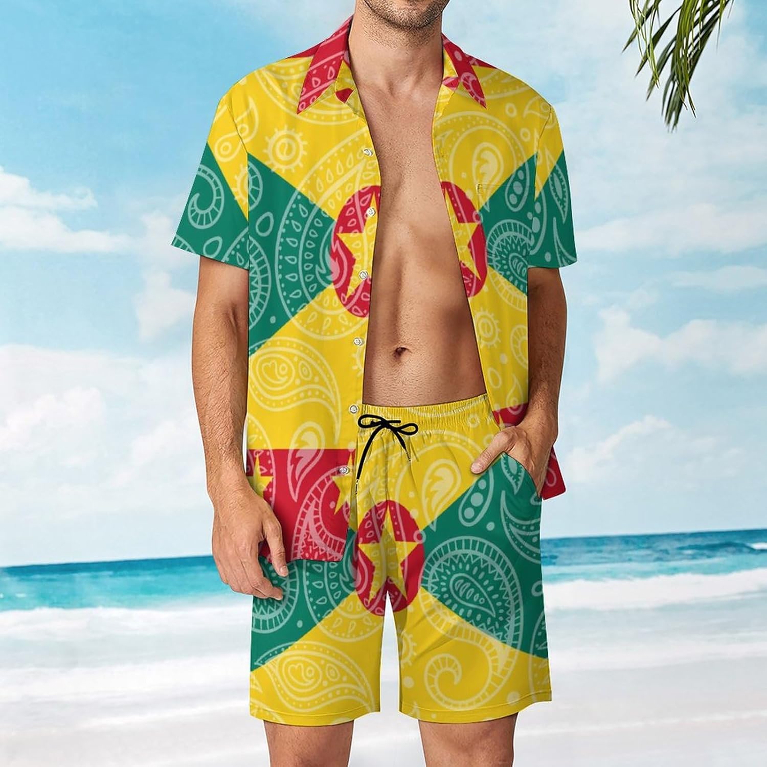 Grenada Flag Paisley Pattern Men's Summer Beach Outfits Shirt And Shorts Set 2 Piece Vacation Swimwear