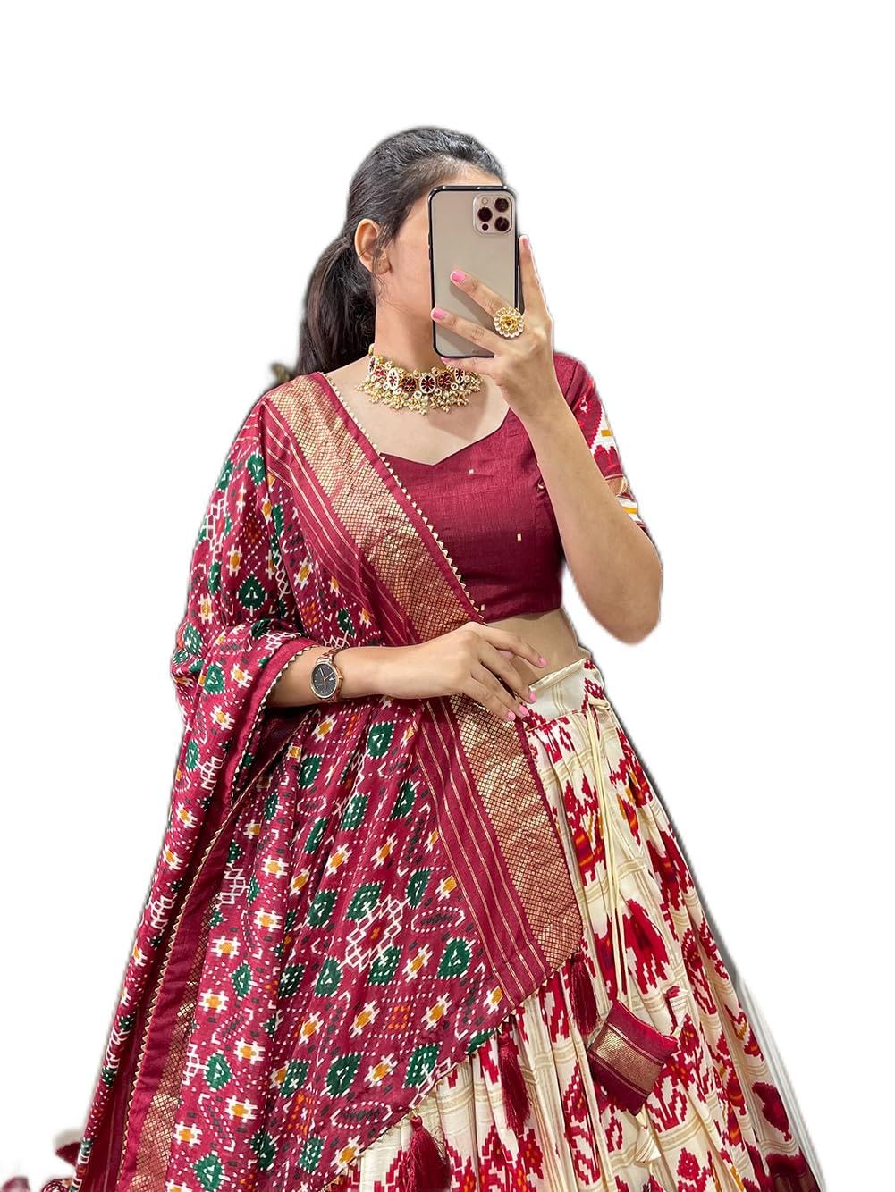 Doozy Creation Navratri Collection Dolla Silk Lehenga Choli Patola Print with Foil Work With Blouse Solid (WHITE)