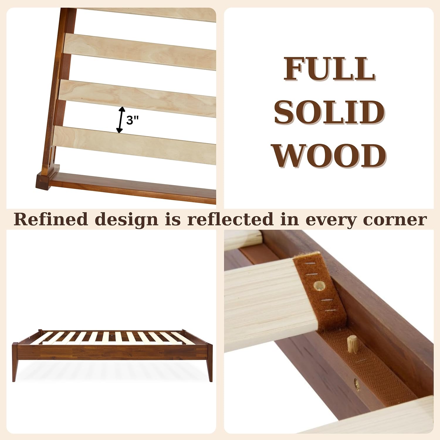 Close-up view of the dark chocolate finished wooden leg of the Bme Dinkee bed frame, showing its tapered design.