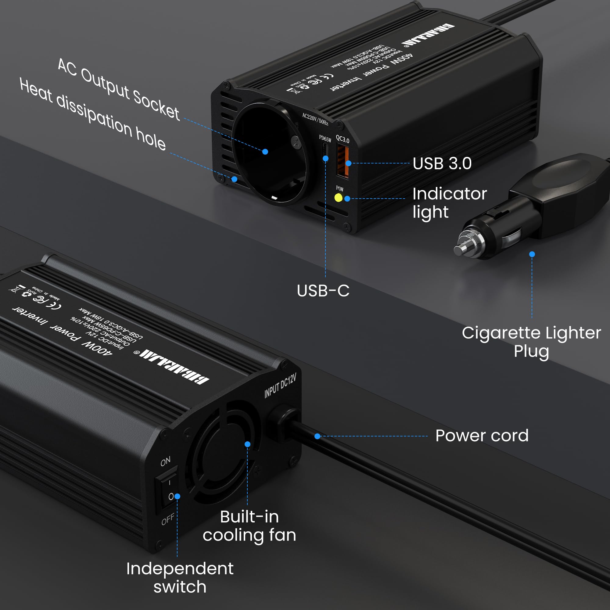 400W Auto Spannungswandler DC 12V auf AC 230V mit 2 Steckdosen und PD65W USB-C, USB-Ports, Schnellladegerät, Autoladegerät mit Zigarettenanzünderstecker für Geschäftsfahrten und Ferien