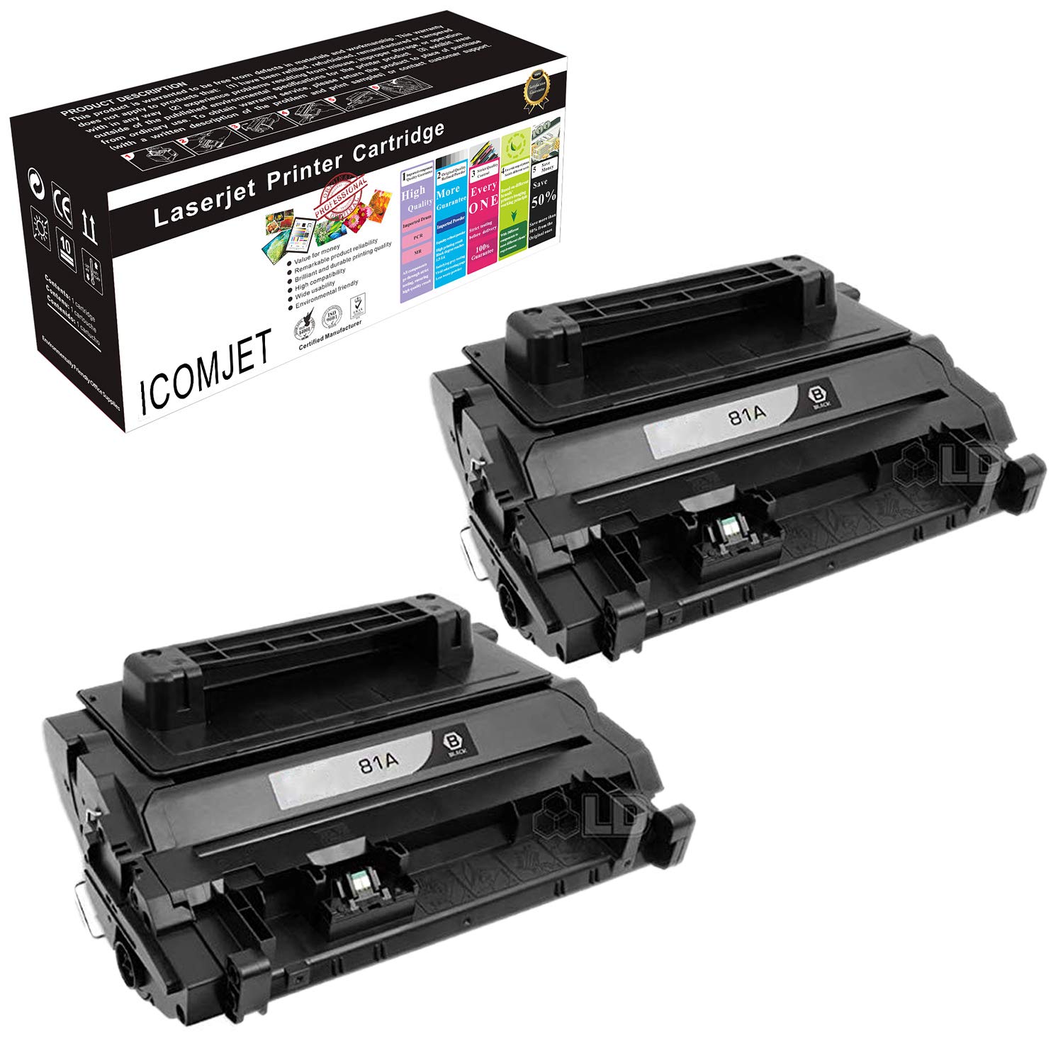 ICOMJET Compatible Toner Cartridge Replacement for HP 81A CF281A Work for HP LaserJet Enterprise 604n 604dn M605n M605X M606dn 606X M630h M630dn M630z M630f (2*black)
