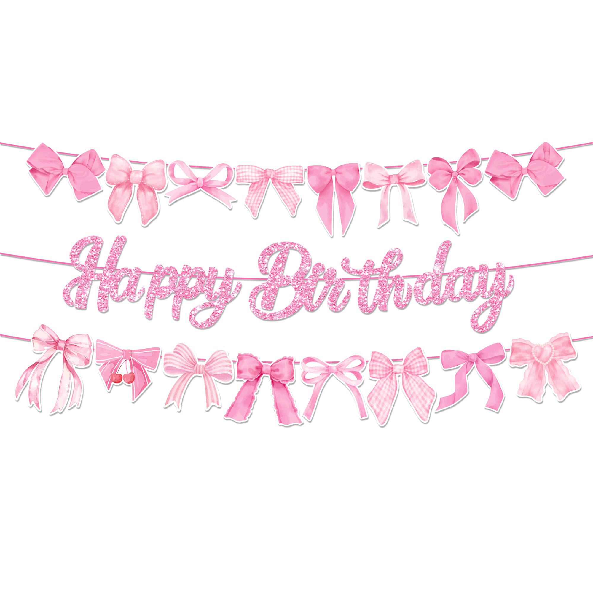 CC HOME 3Pcs Pink Bow Happy Birthday Banner Bowknot Garland Party Hanging Banner Pink Bow Theme Birthday Bridal Wedding Baby Shower Boys Girls Kids Home Classroom Party Supplies Decorations