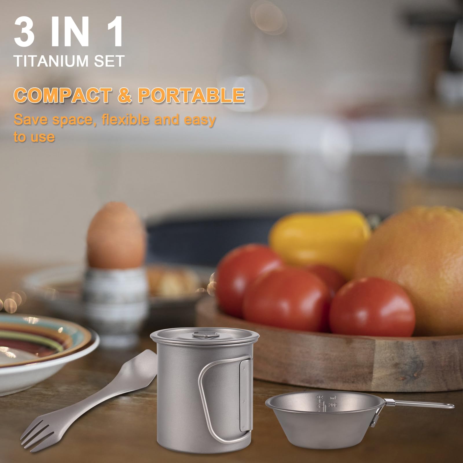 Camping Kochgeschirr, Tragbar Camping Besteck Titan Tasse Schüssel Spork, 3 Stück Set Geschirr Outdoor Kaffeetasse Becher Picknick Set Faltbar für Camping im Freien, Wandern