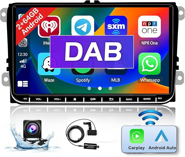 2+32GB9" DAB/DAB+ Android Car Stereo Built- Wireless Apple Carplay Android Auto for VW Golf 5 6 Polo Caddy Passat Touran Tiguan Wireless Carplay Car Radio with Sat Nav WiFi HiFi DAB Reverse Camera