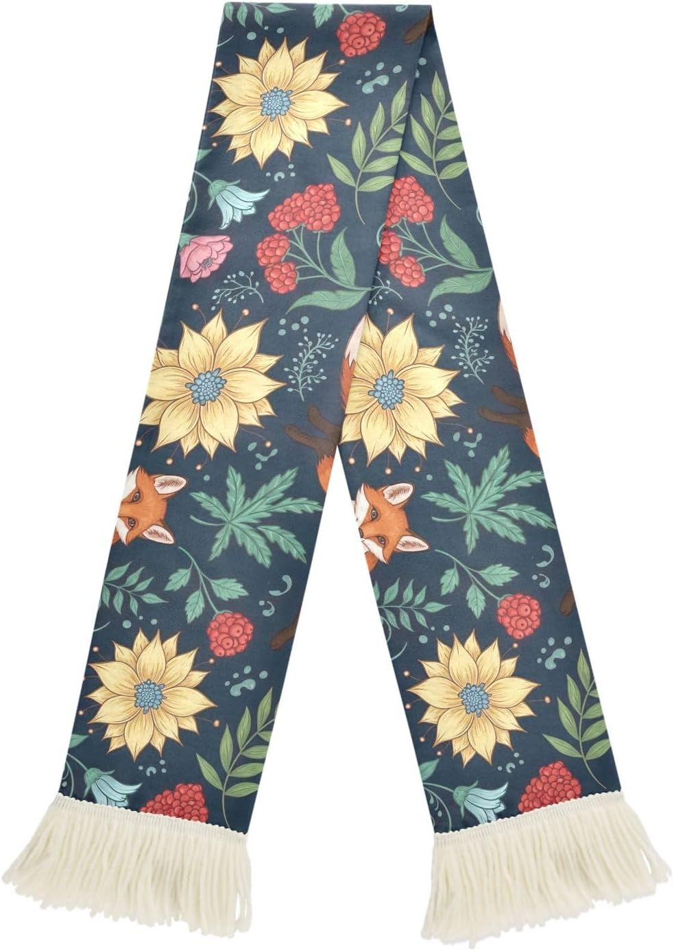 CHIFIGNO Fox Flower Blue Sports Fan Scarf Towel, Soft Polyester Rally Towel for Soccer Games, Quick Dry Cheering Scarf with Fringe Ends