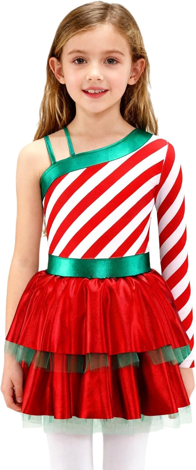 Jugaoge Kids Girls Candy Cane Striped Ballet Tutu Dance Dress Figure Skating Leotard Dress Christmas Costume