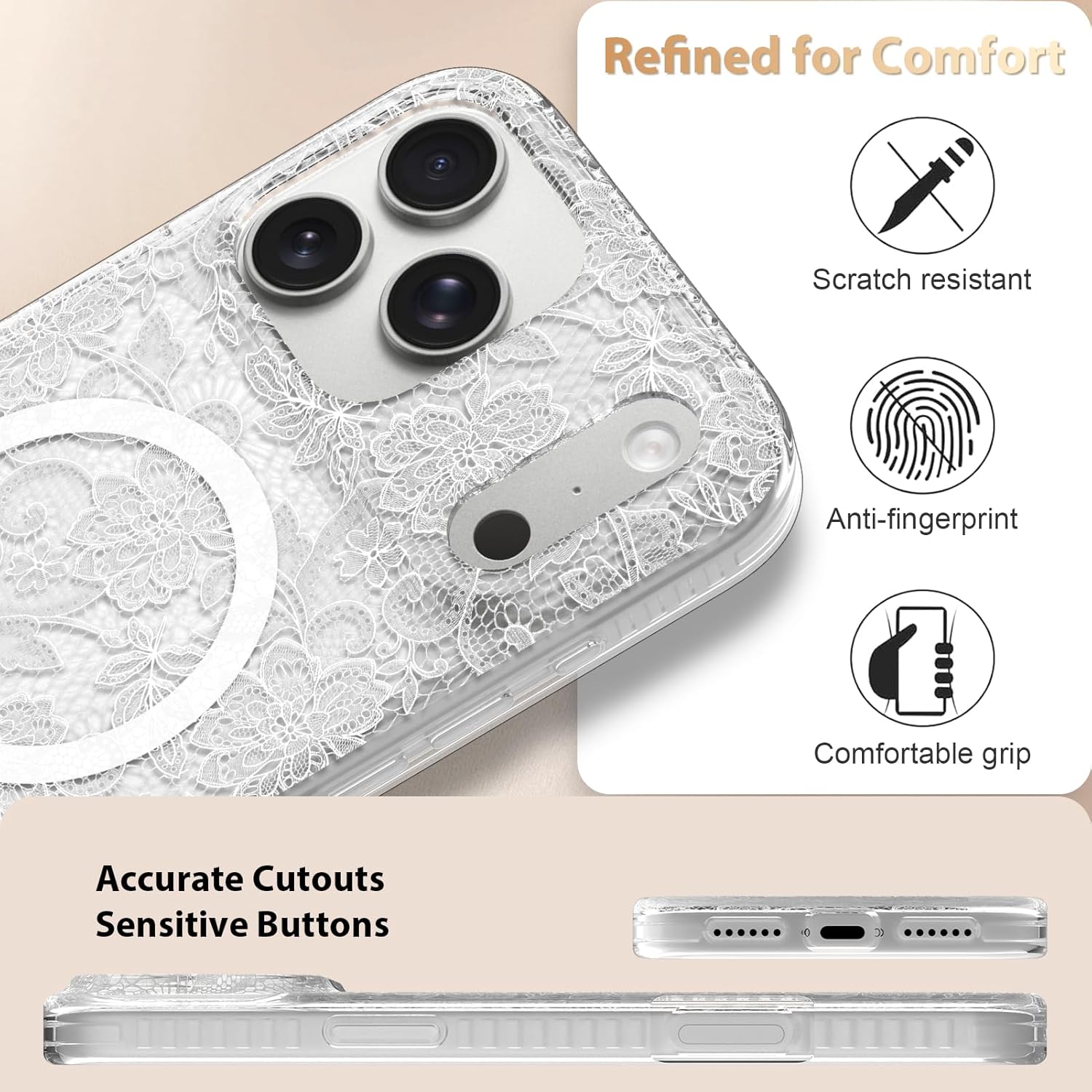Designed for iPhone 17 Pro Max Case, Clear Lace Floral Pattern, Cute Aesthetic & Elegant Flowers Design for Women [Compatible with MagSafe], Magnetic Shockproof Protective Cover, White