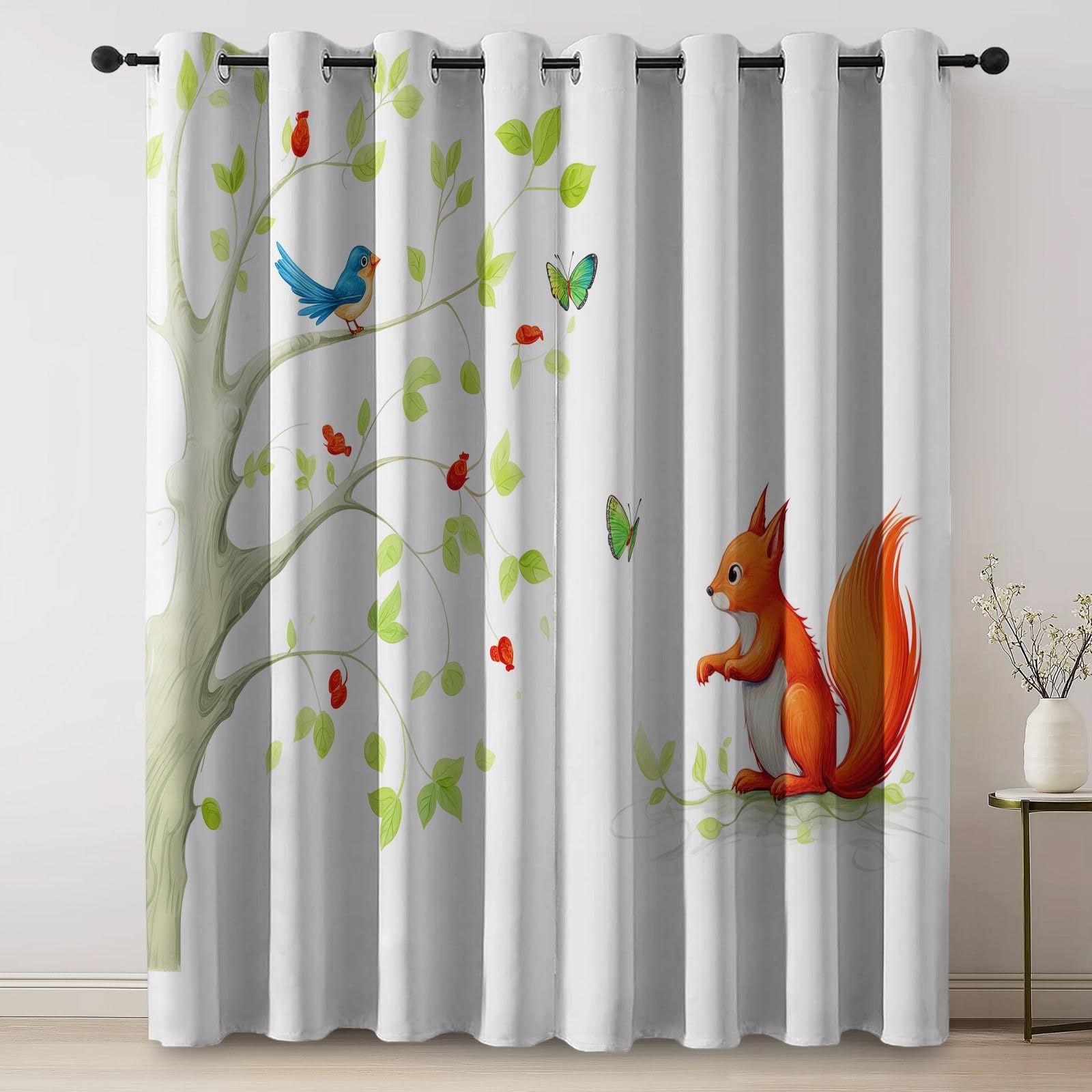 Kreskówka wiewiórka z nadrukiem latającego ptaka, 100% zasłony zaciemniające do sypialni i salonu 168 x 229 cm (2 panele) - izolacja termiczna, energooszczędne zasłony z oczkami, redukcja hałasu