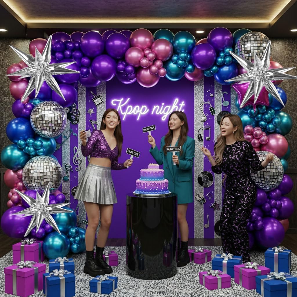 Metallic colorful Balloon garland kit 135Pcs with Chrome purple pink blue teal Disco ball balloons for Kpop music decorations 80s Disco Birthday galaxy theme prom new year eve supplies image 5