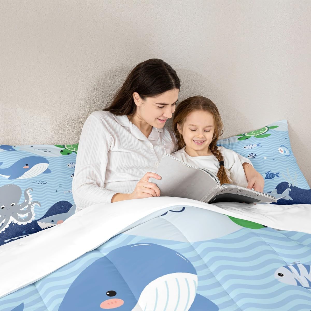 Homewish Shark and Whale Comforter Set,Cartoon Sea Animal Bedding Set for Kids Girls Women,Adults Octopus Turtle Comforter,Underwater World Quilted Duvet Set Bedroom Collection Twin Size 2Pcs